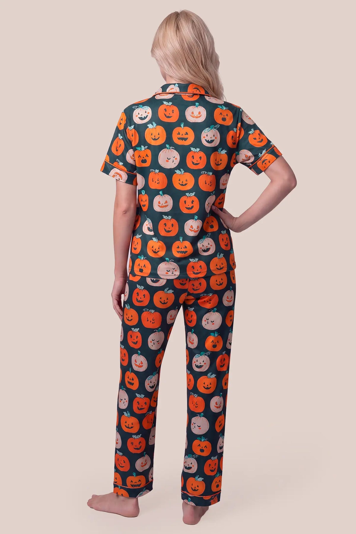 Pumpkin Spice Maternity PJ Set Pumpkin Spice Maternity PJ Set in Pumpkin featuring full back coverage, a relaxed fit short-sleeve collared top, and matching straight-leg pants on a pregnant model, back view.