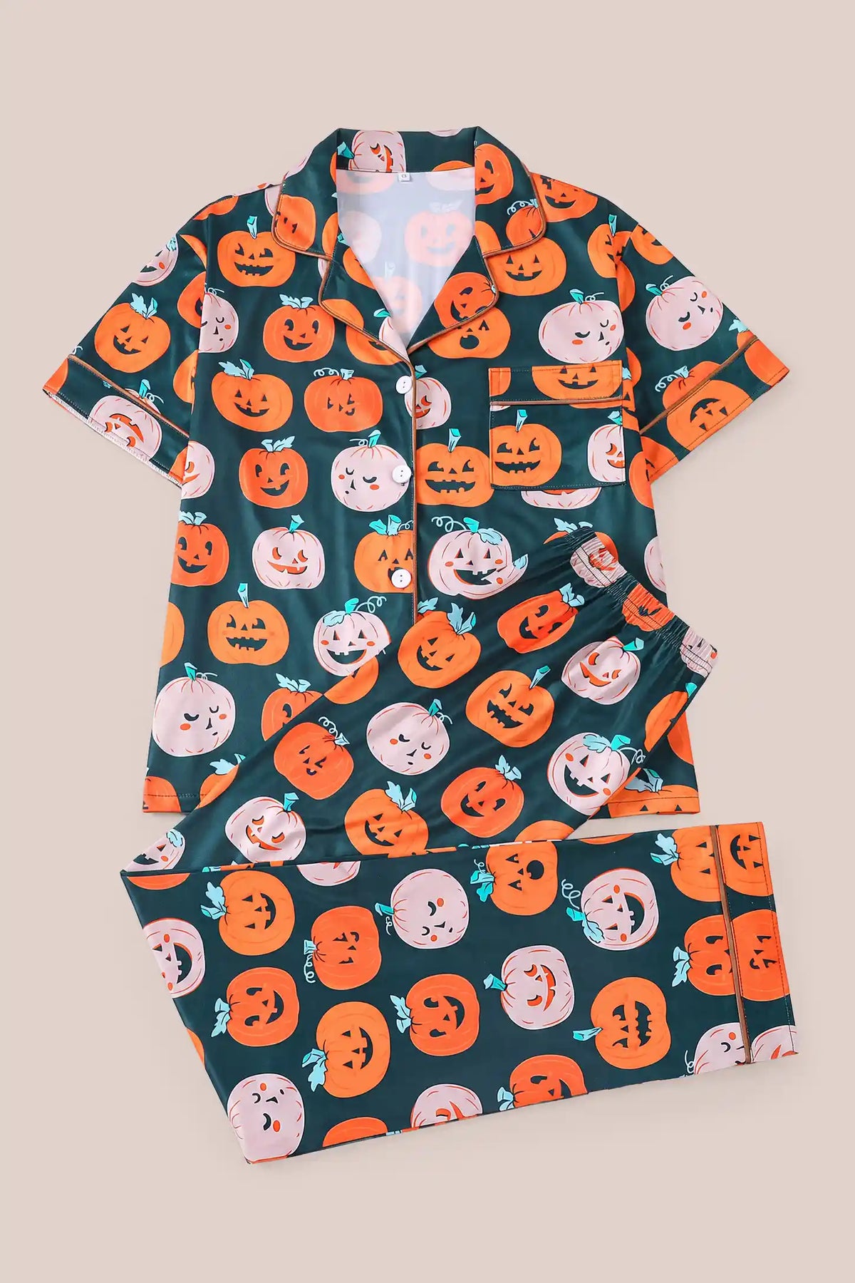 Pumpkin Spice Maternity PJ Set Pumpkin Spice Maternity PJ Set in Pumpkin featuring the two-piece sleepwear layout with a short-sleeve button-front collared top and straight-leg pants, flat lay tile view.