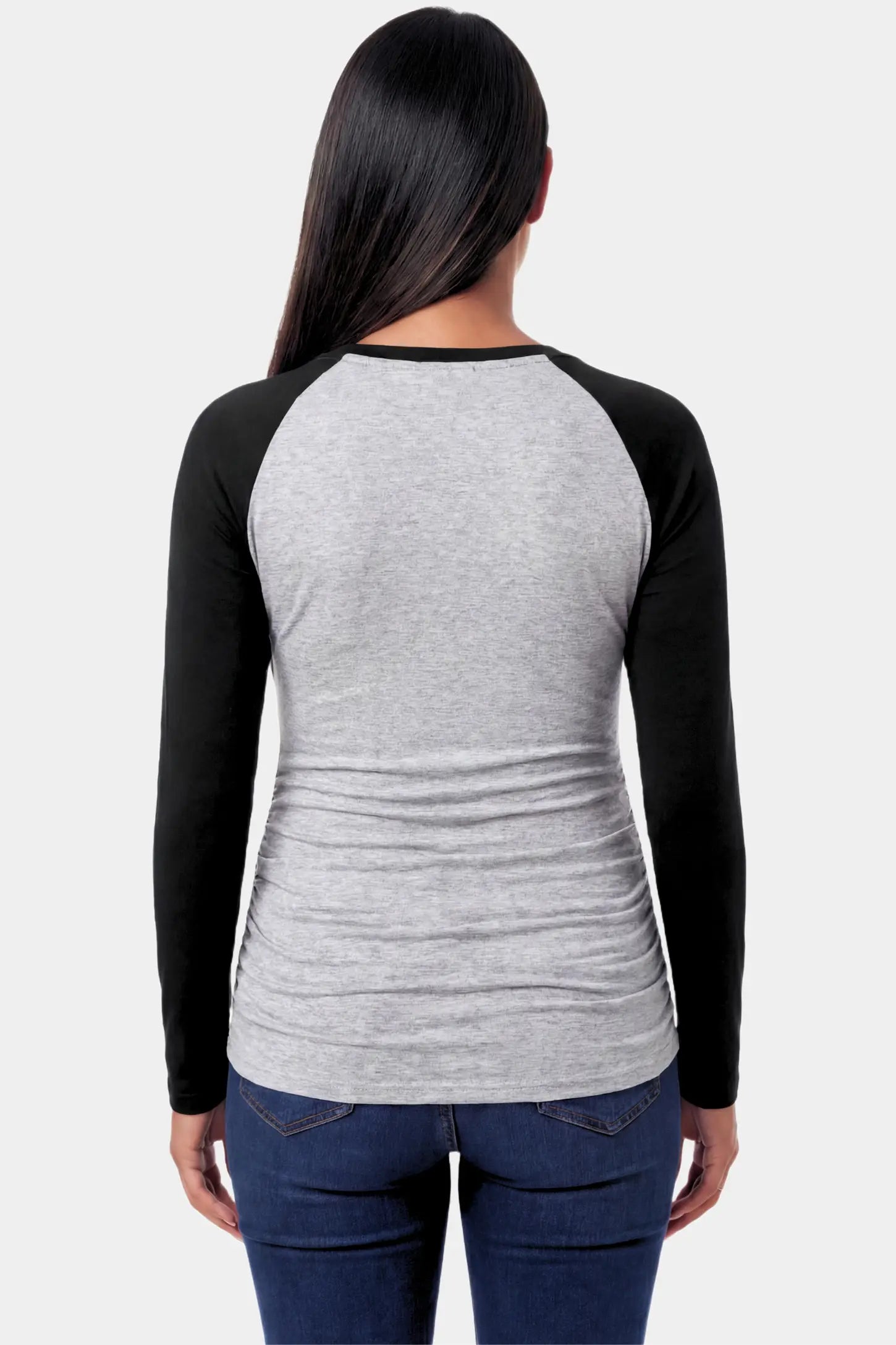 Ruched Raglan Sleeve Maternity Top Ruched Raglan Sleeve Maternity Top in black featuring a round neckline and gentle ruching on a pregnant model.