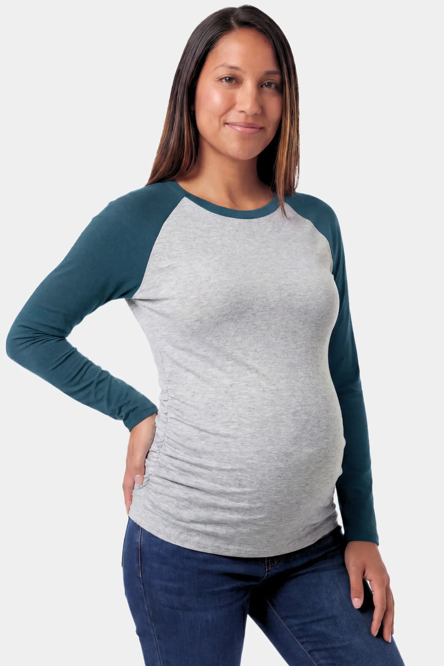 Ruched Raglan Sleeve Maternity Top Ruched Raglan Sleeve Maternity Top in dark blue featuring a round neckline and gentle ruching on a pregnant model.