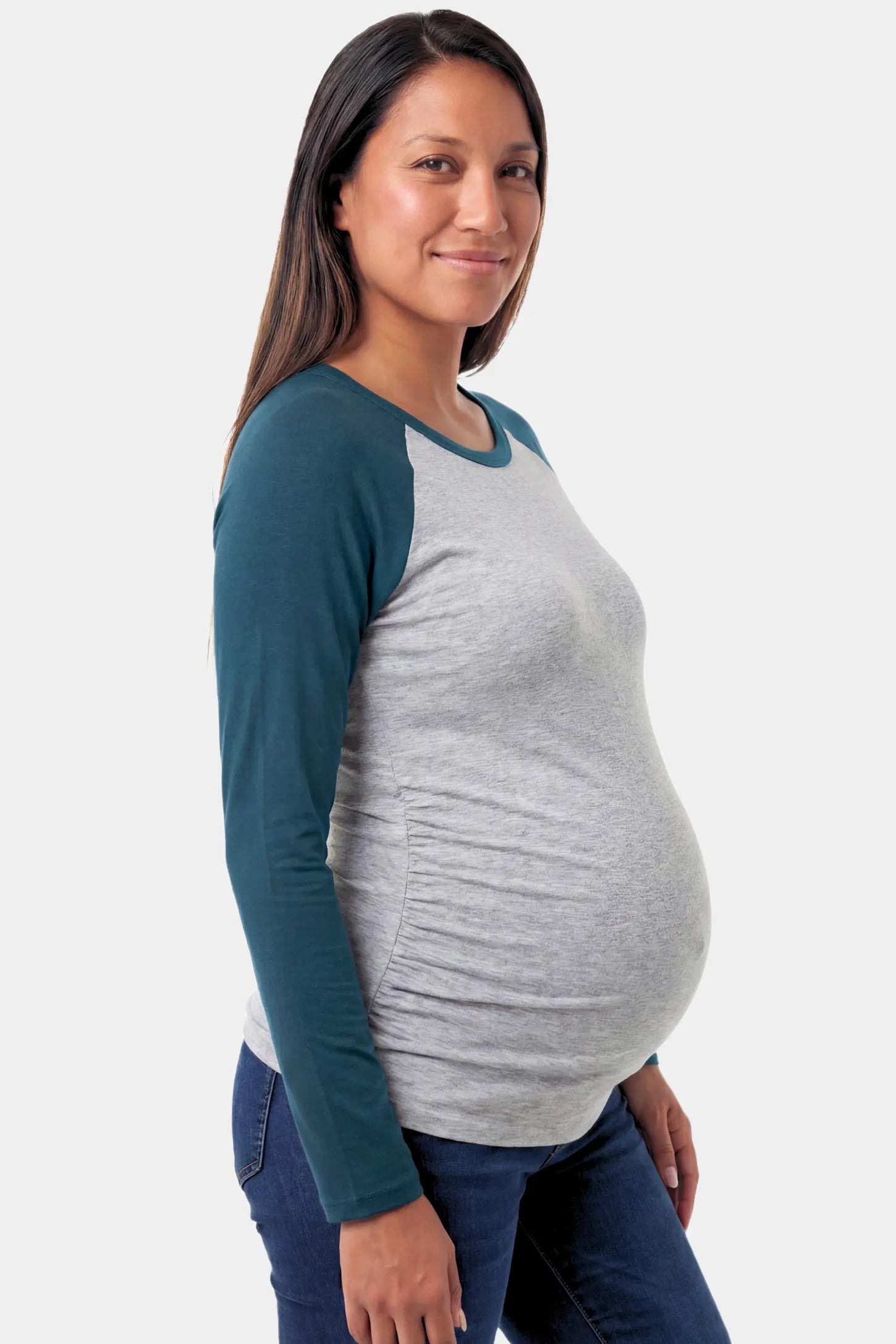 Ruched Raglan Sleeve Maternity Top Ruched Raglan Sleeve Maternity Top in dark blue featuring a round neckline and gentle ruching on a pregnant model.