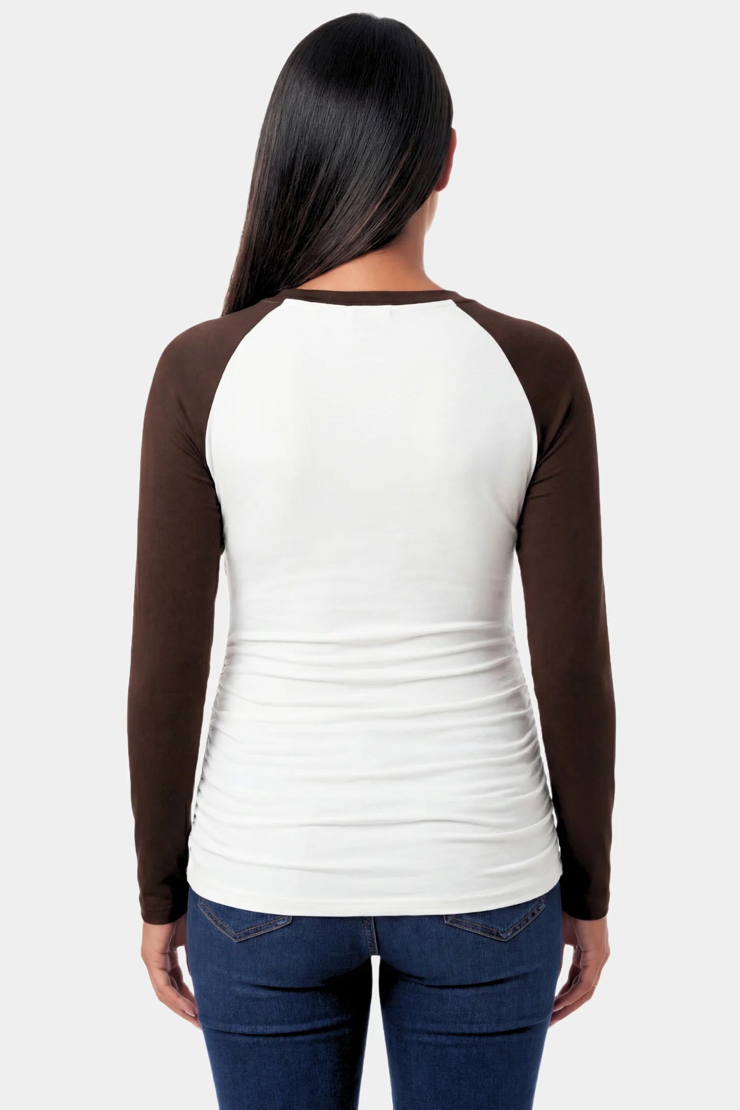 Ruched Raglan Sleeve Maternity Top Ruched Raglan Sleeve Maternity Top in white featuring a round neckline and gentle ruching on a pregnant model.