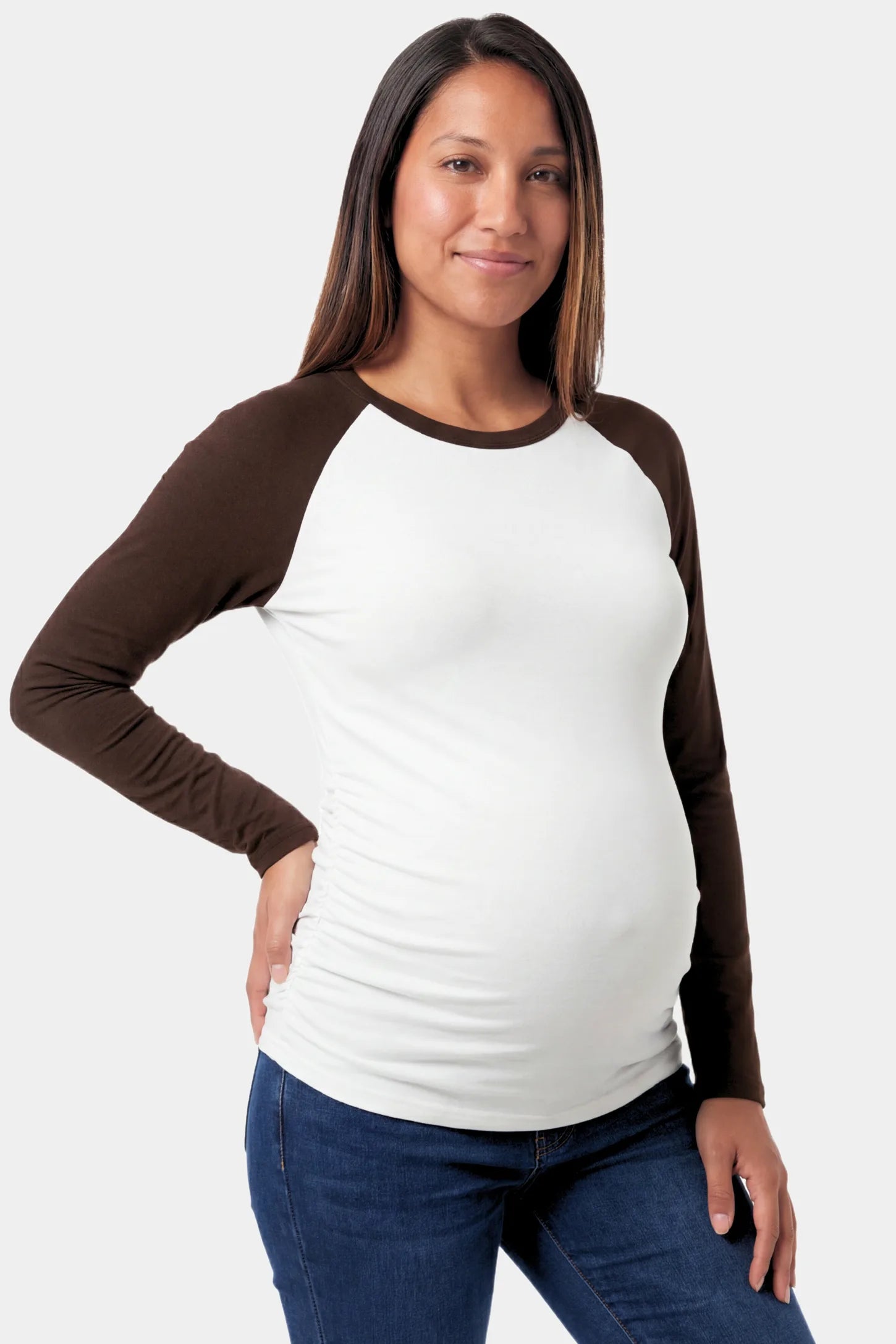 Ruched Raglan Sleeve Maternity Top Ruched Raglan Sleeve Maternity Top in white featuring a round neckline and gentle ruching on a pregnant model.