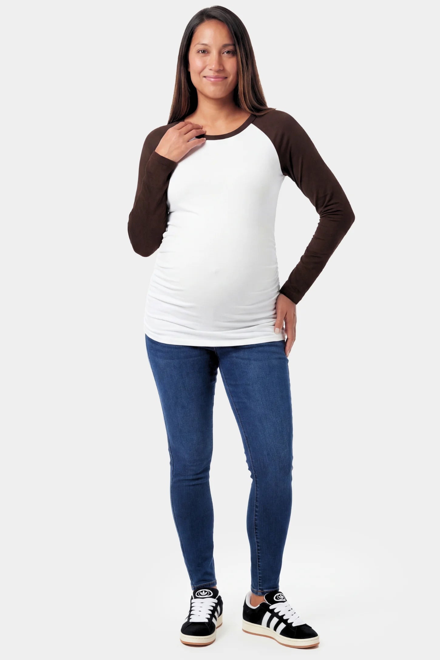 Ruched Raglan Sleeve Maternity Top Ruched Raglan Sleeve Maternity Top in white featuring a round neckline and gentle ruching on a pregnant model.
