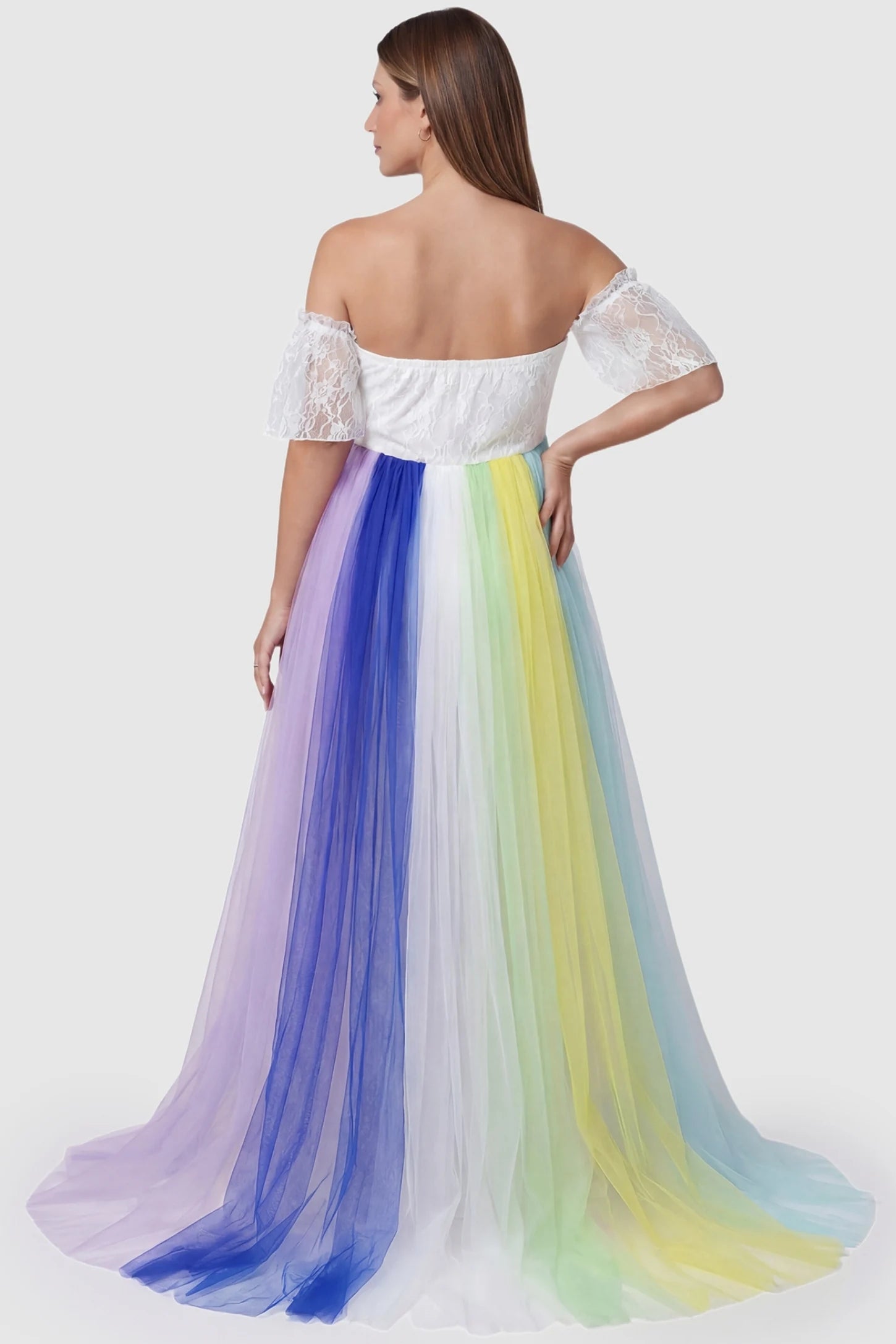 maternity strapless shoulder photoshoot dress Lace Rainbow Tulle Maternity Photoshoot Gown