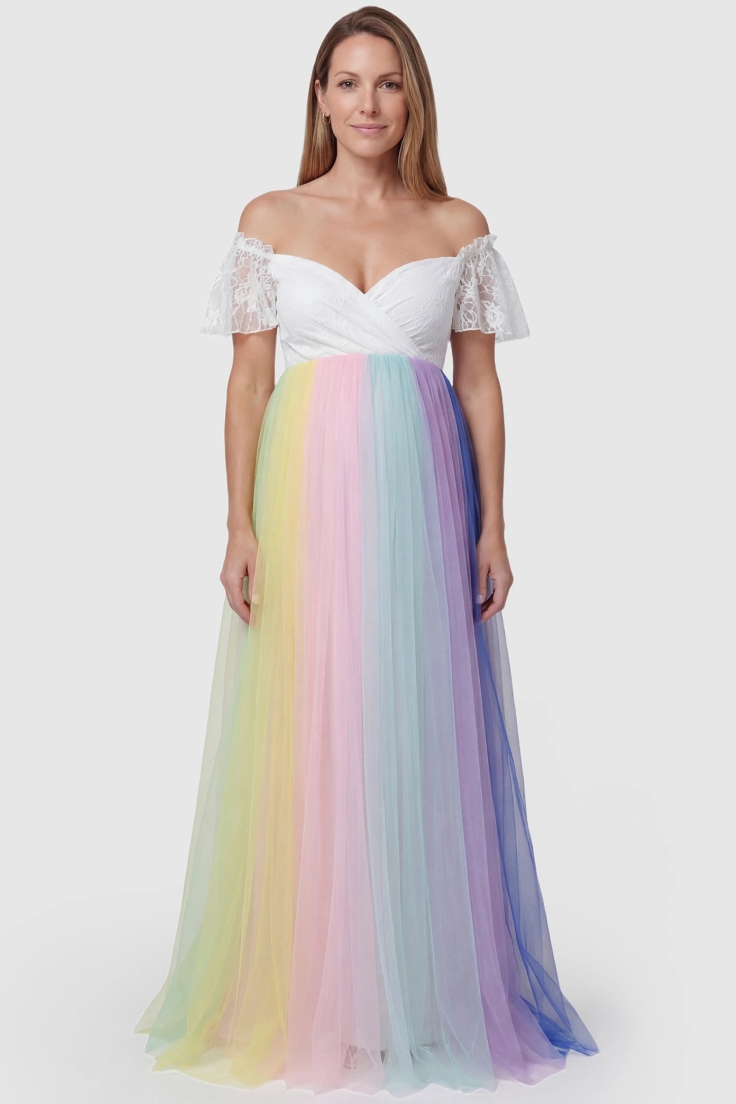 Off-Shoulder Rainbow Tulle Maternity Photoshoot Dress Off-Shoulder Rainbow Tulle Maternity Photoshoot Dress in White featuring a lace sweetheart neckline on a non-pregnant model.