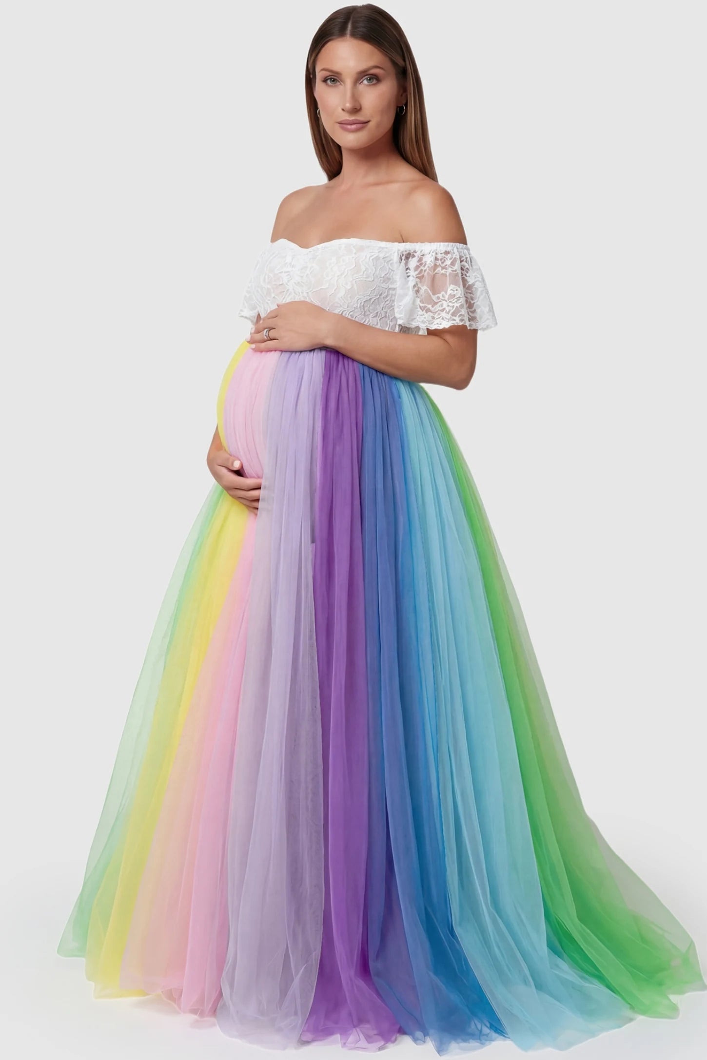 Off-Shoulder Rainbow Tulle Maternity Photoshoot Dress in White featuring sheer lace sleeves on a side-profile pregnant model.