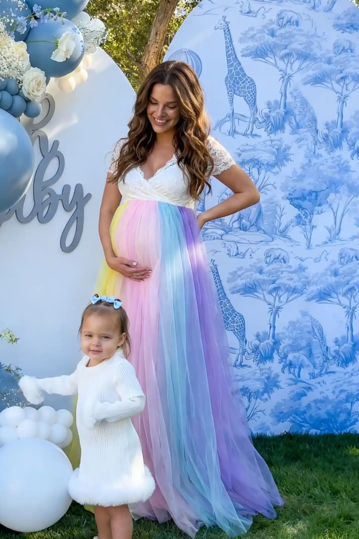 Off-Shoulder Rainbow Tulle Maternity Photoshoot Dress in White featuring a lace bodice on a pregnant model.