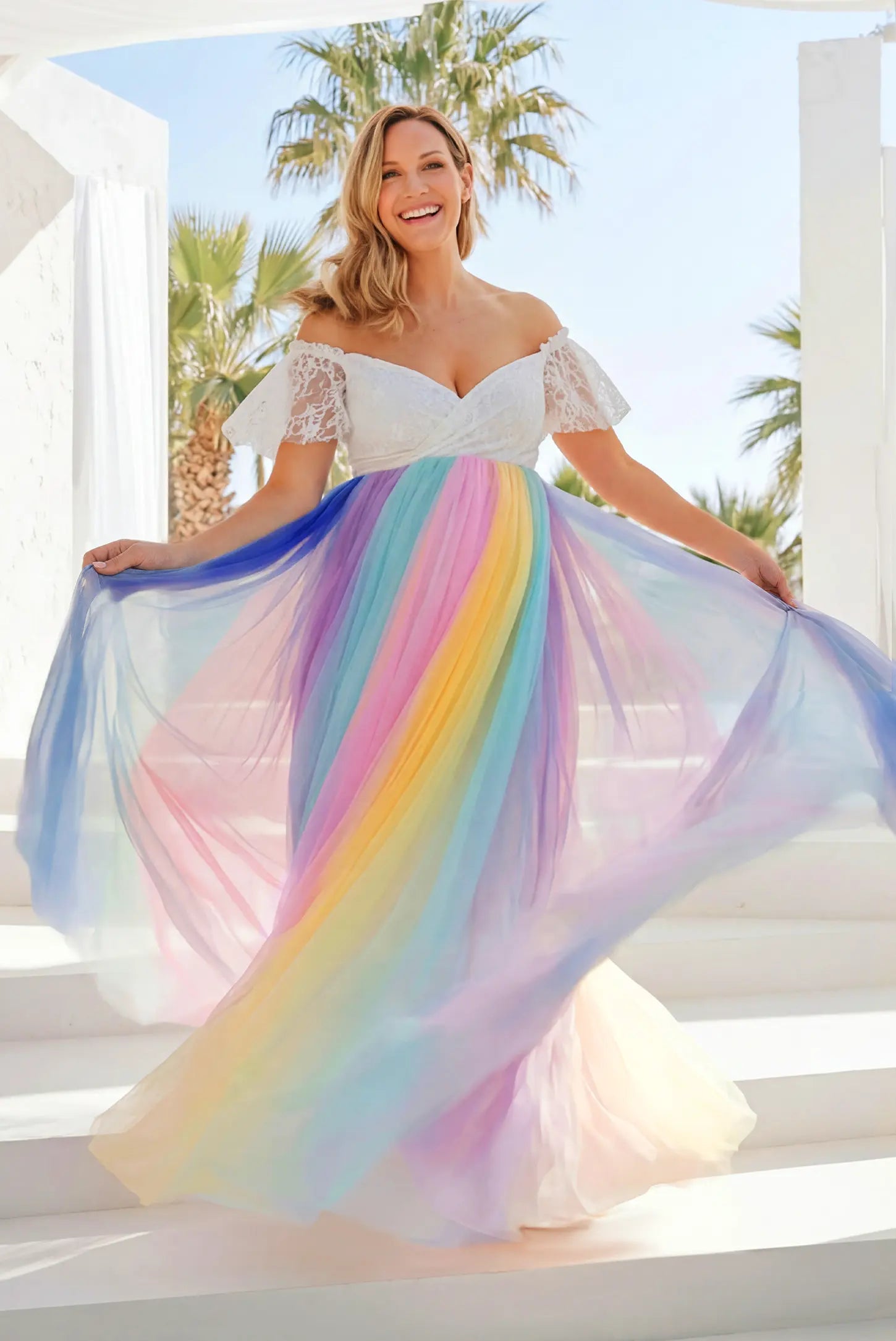 Off-Shoulder Rainbow Tulle Maternity Photoshoot Dress in White featuring a lace bodice on a pregnant model.