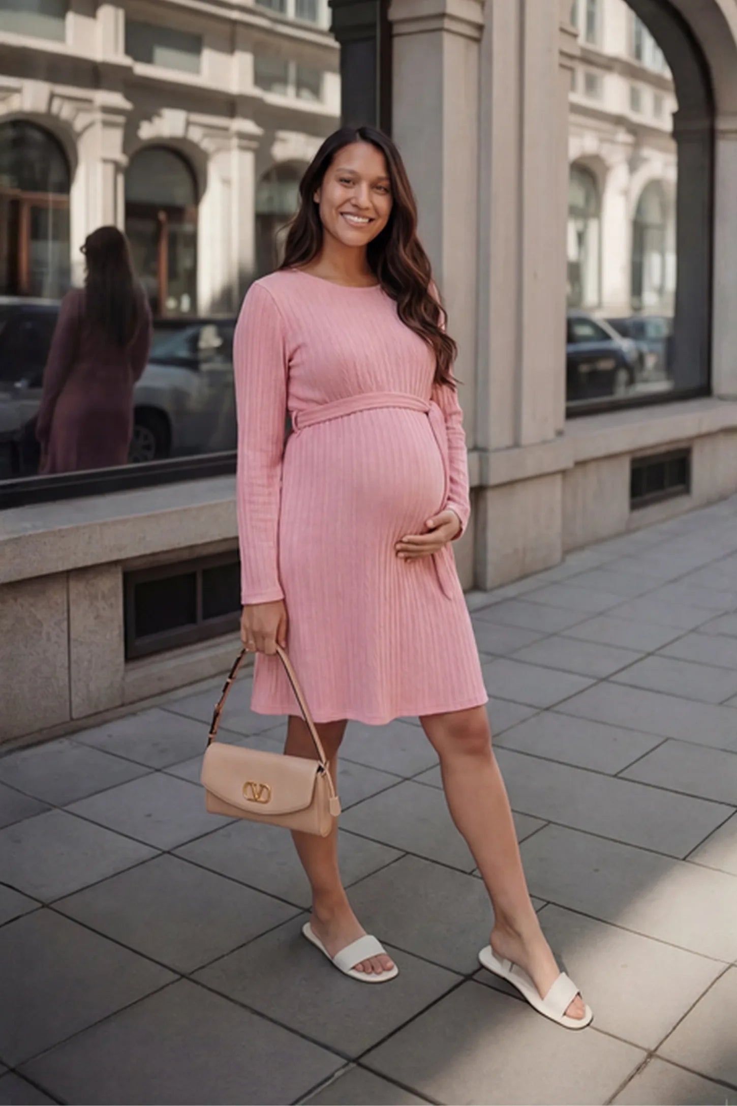 Ribbed Knit Long Sleeve Maternity Short Dress Ribbed Knit Long Sleeve Maternity Short Dress in pink featuring a ribbed texture and adjustable tie waist on a pregnant model.