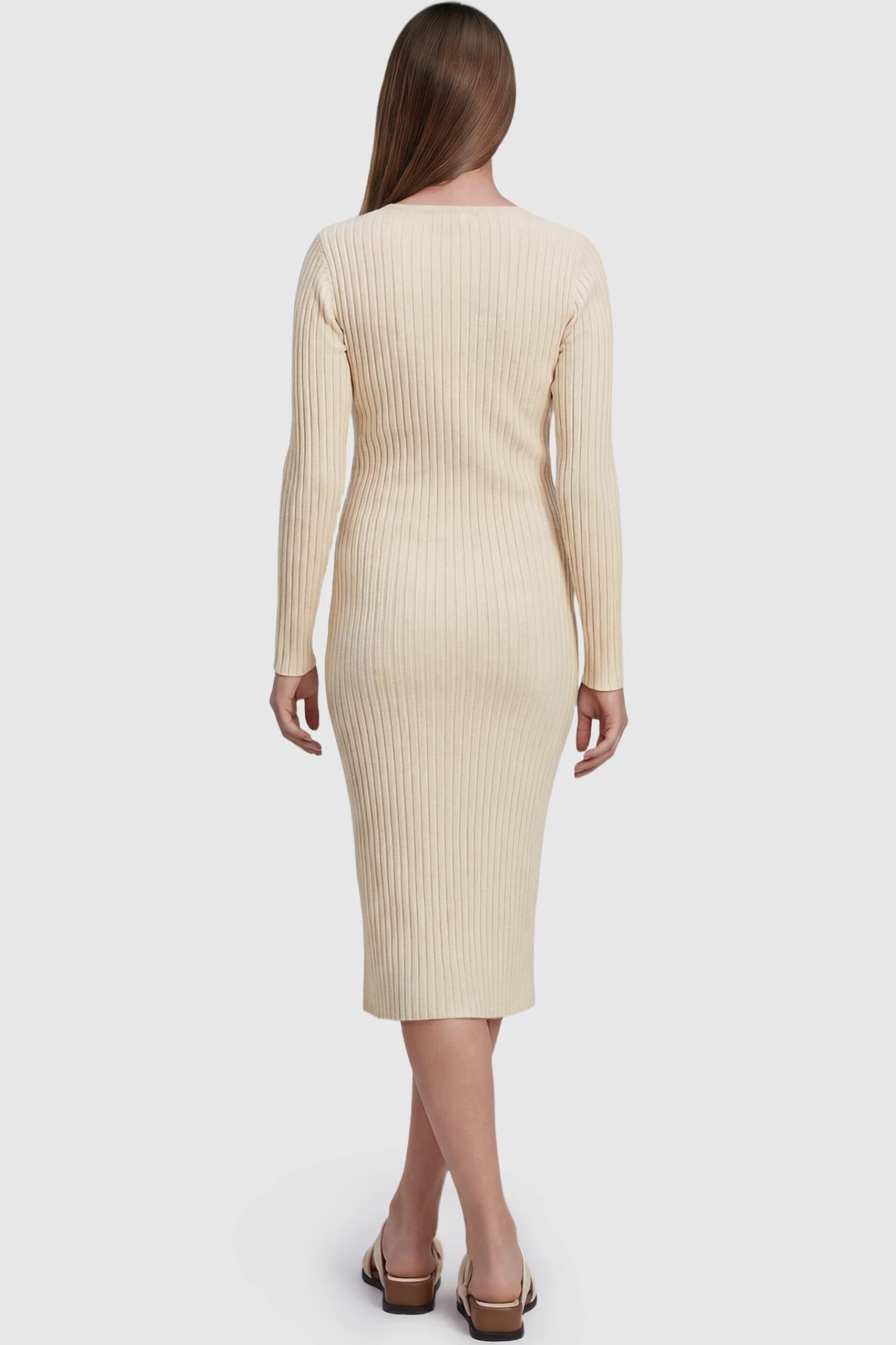 Ribbed Knit Long Sleeve Maternity Midi Dress Ribbed knit long sleeve maternity midi dress in apricot with smooth stretch ribbed knit fabric, back view on pregnant model