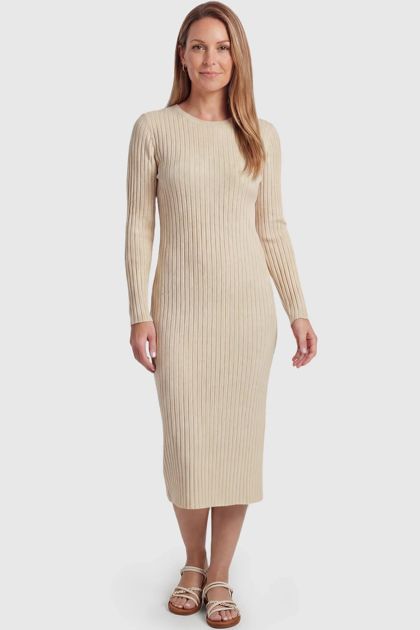 Ribbed Knit Long Sleeve Maternity Midi Dress Ribbed knit long sleeve maternity midi dress in apricot with smooth stretch ribbed knit fabric, front view on postpartum model