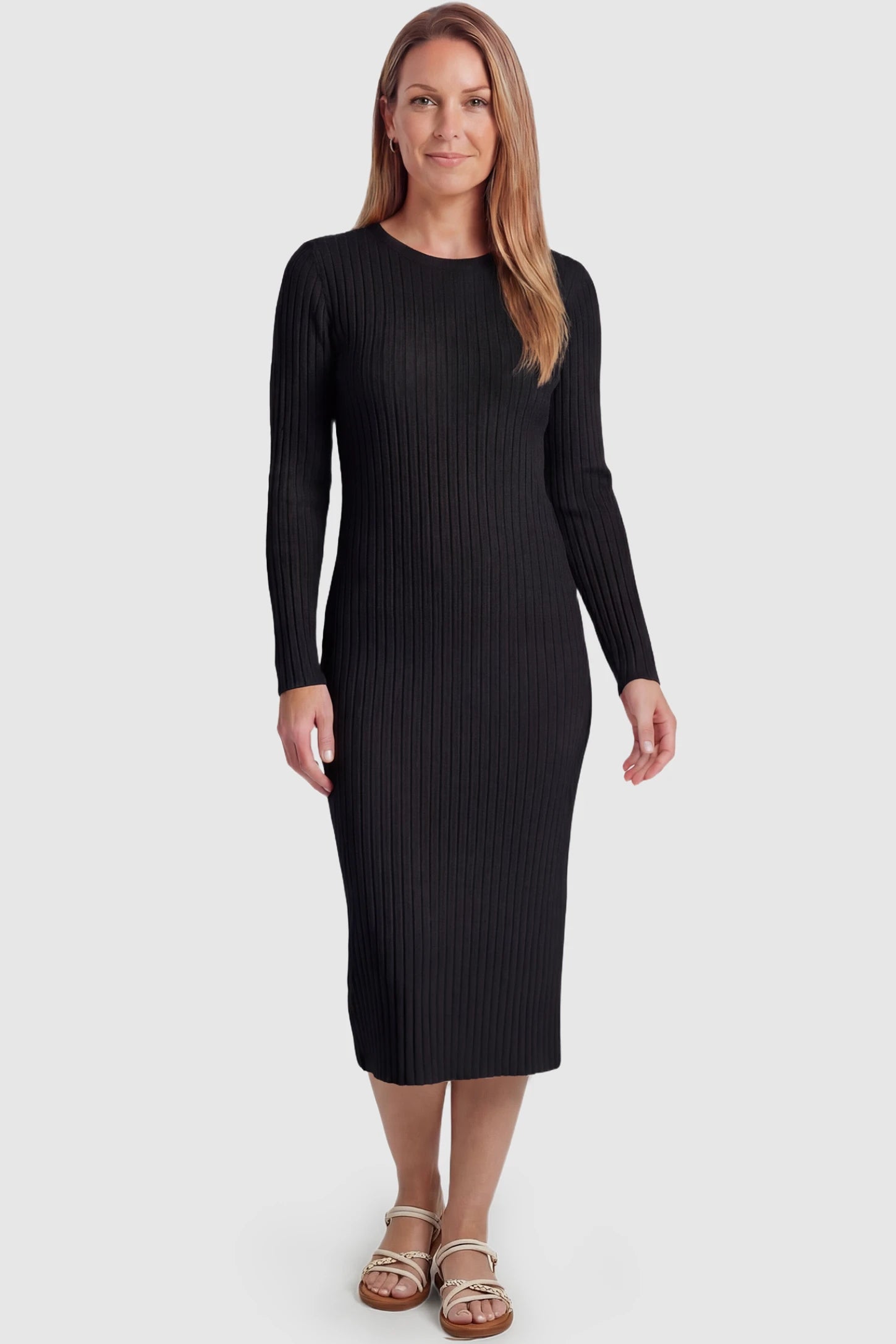 Ribbed Knit Long Sleeve Maternity Midi Dress Ribbed knit long sleeve maternity midi dress in black with smooth stretch ribbed knit fabric, front view on postpartum model