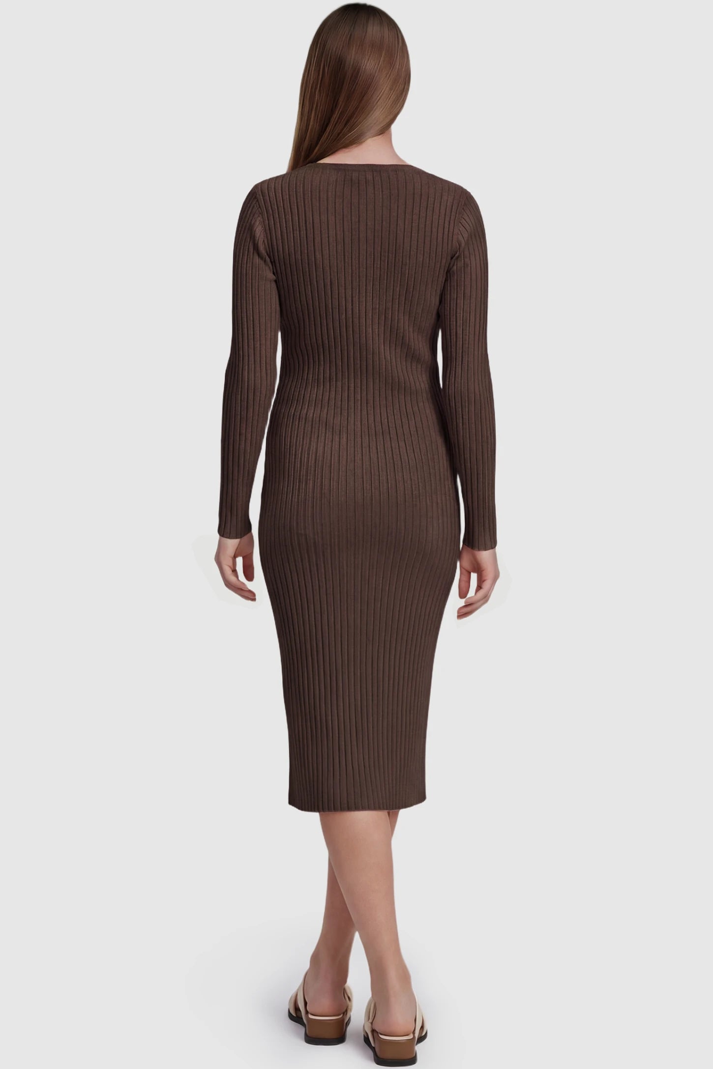 Ribbed Knit Long Sleeve Maternity Midi Dress Ribbed knit long sleeve maternity midi dress in brown with smooth stretch ribbed knit fabric, back view on pregnant model