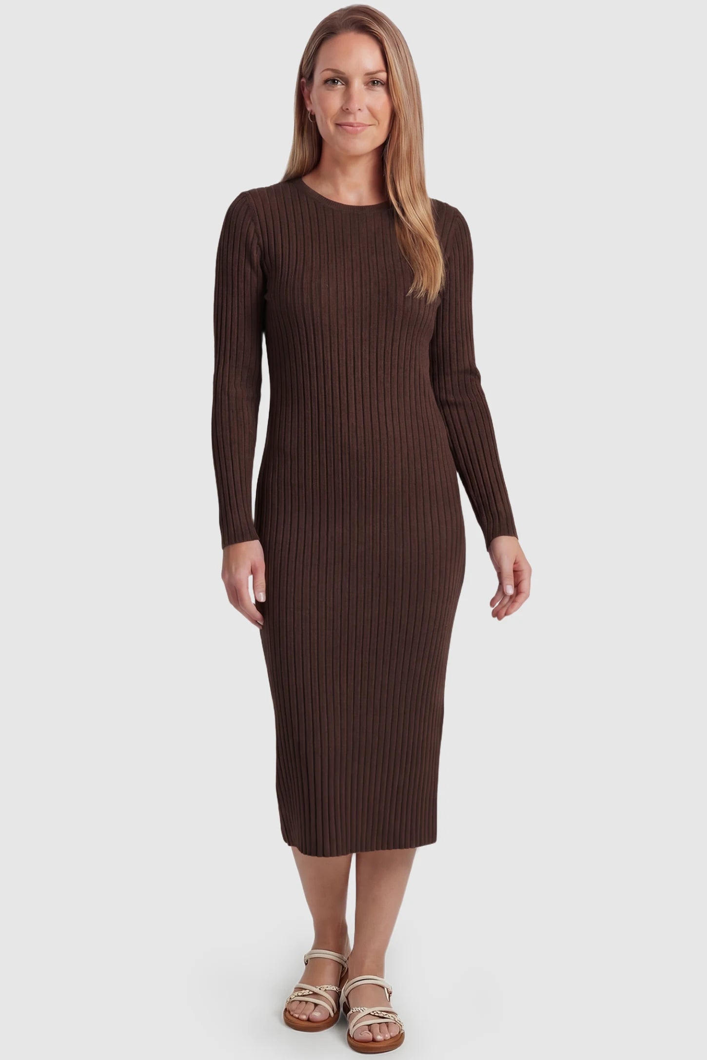 Ribbed Knit Long Sleeve Maternity Midi Dress Ribbed knit long sleeve maternity midi dress in brown with smooth stretch ribbed knit fabric, front view on postpartum model