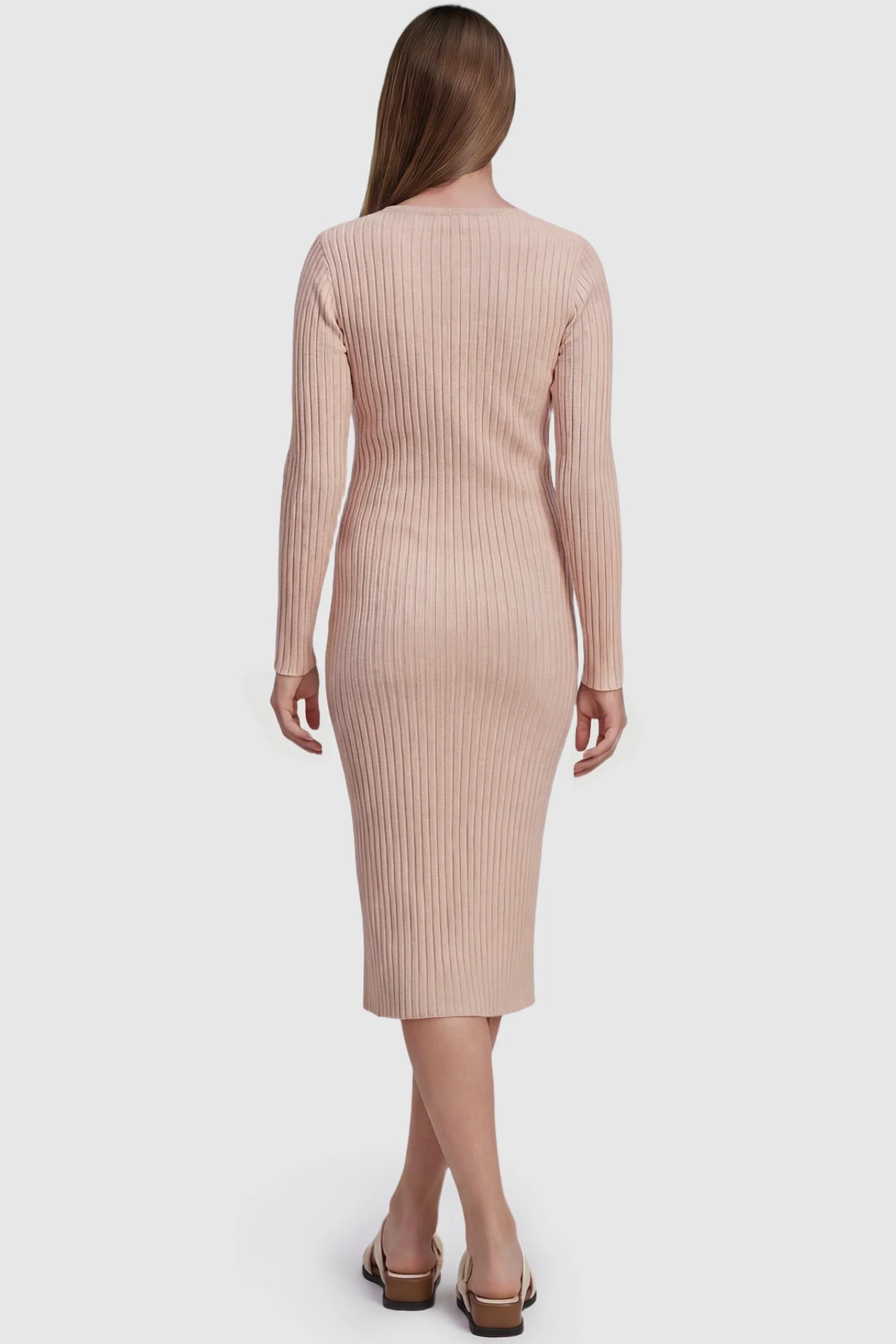 Ribbed Knit Long Sleeve Maternity Midi Dress Ribbed knit long sleeve maternity midi dress in khaki with smooth stretch ribbed knit fabric, back view on pregnant model