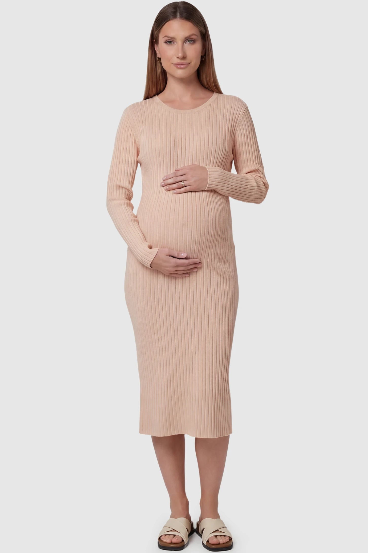 Ribbed Knit Long Sleeve Maternity Midi Dress Ribbed knit long sleeve maternity midi dress in khaki with smooth stretch ribbed knit fabric, front view on pregnant model