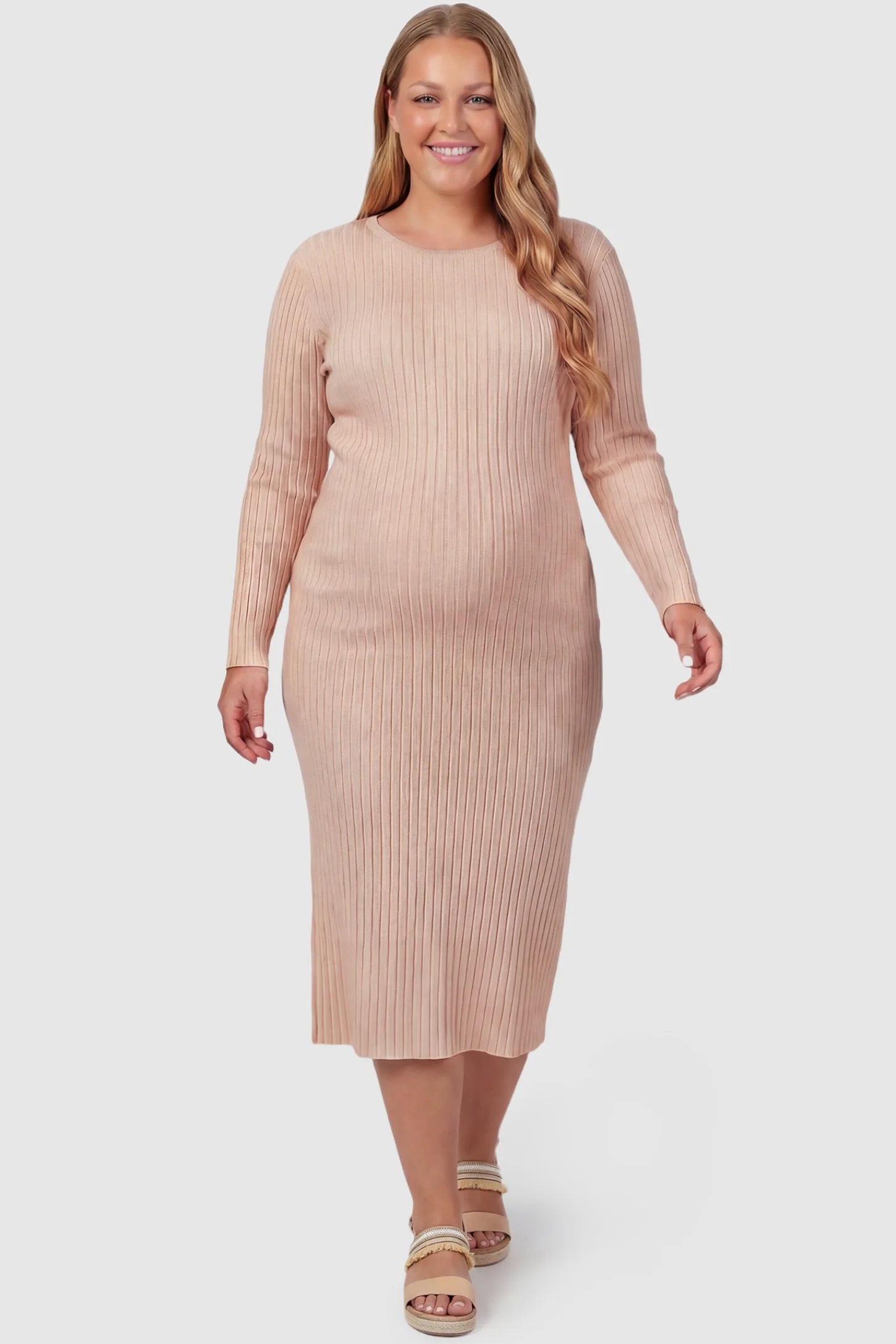 Ribbed Knit Long Sleeve Maternity Midi Dress Ribbed knit long sleeve maternity midi dress in khaki with smooth stretch ribbed knit fabric, front view on plus-size model