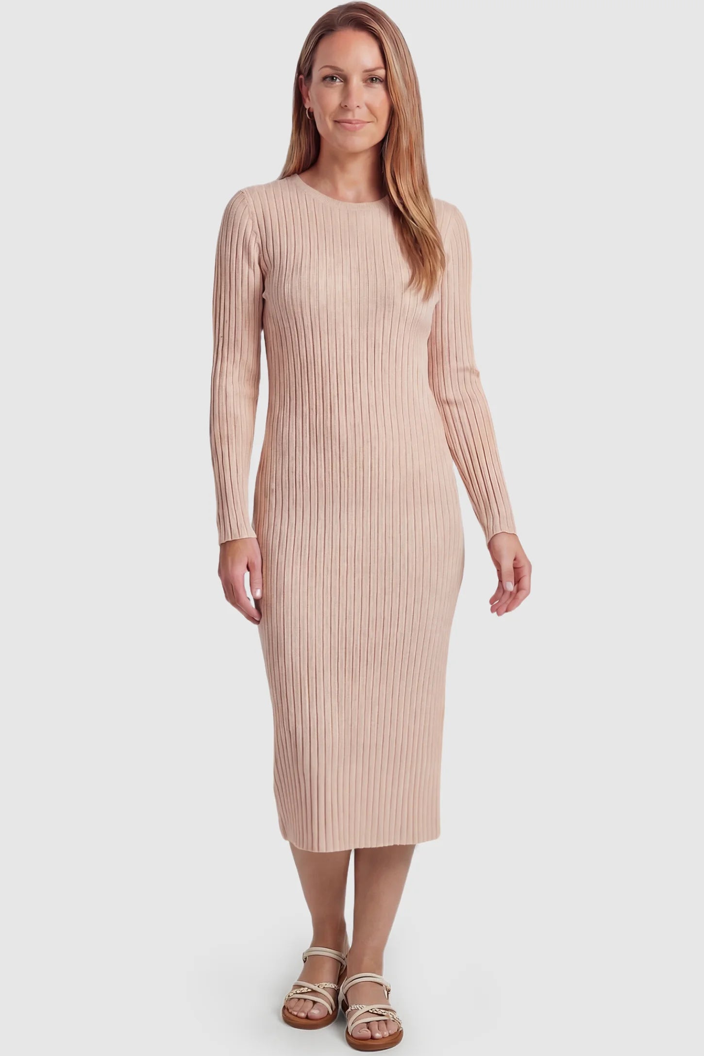 Ribbed Knit Long Sleeve Maternity Midi Dress Ribbed knit long sleeve maternity midi dress in khaki with smooth stretch ribbed knit fabric, front view on postpartum model