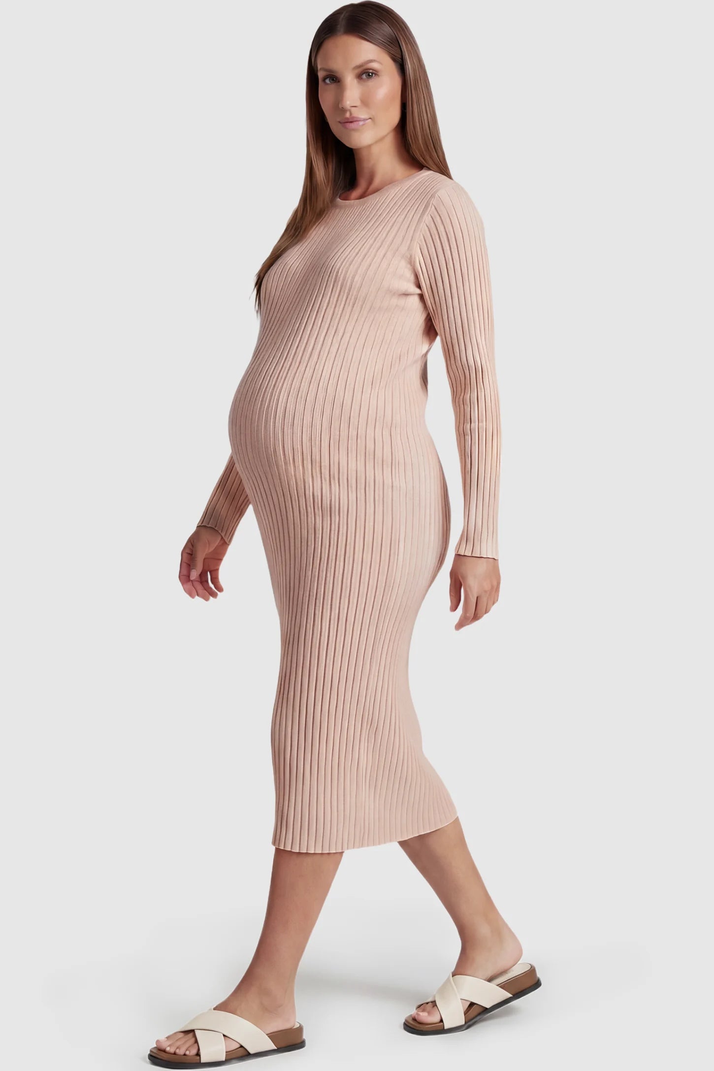 Ribbed Knit Long Sleeve Maternity Midi Dress Ribbed knit long sleeve maternity midi dress in khaki with smooth stretch ribbed knit fabric, side view on pregnant model