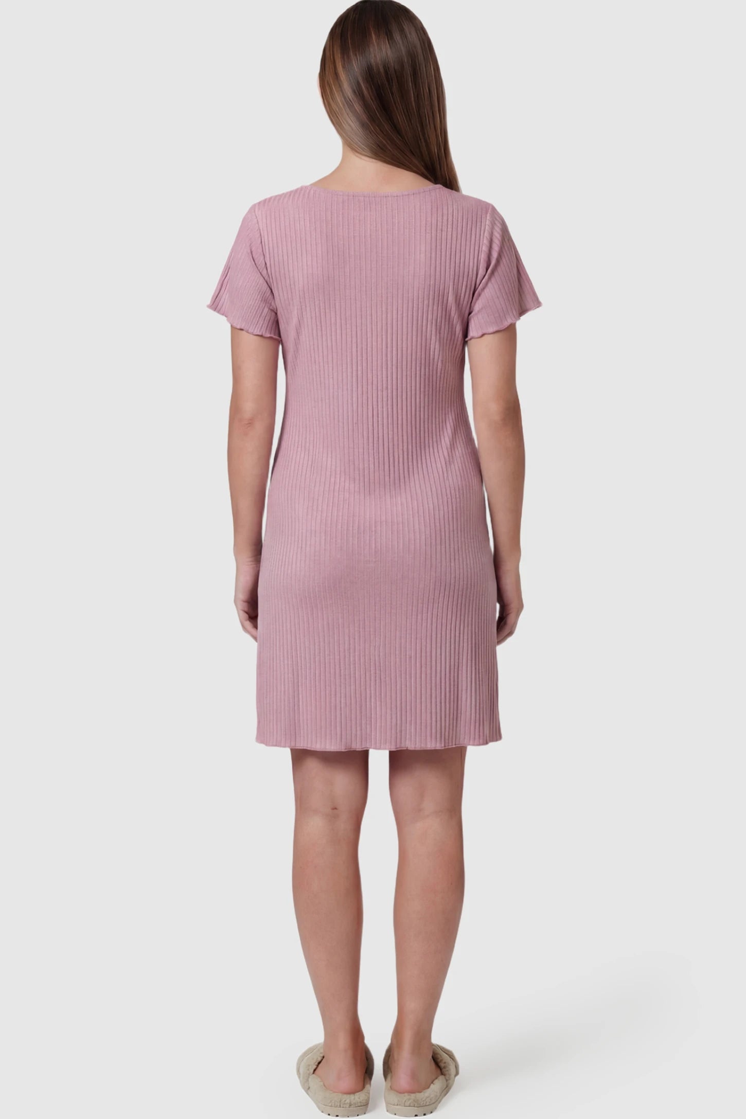 Wrap Style Ribbed Maternity & Nursing Sleepwear Wrap Style Ribbed Maternity & Nursing Midi Lounge Dress in Dusty Pink featuring ribbed texture on a pregnant model showing back.