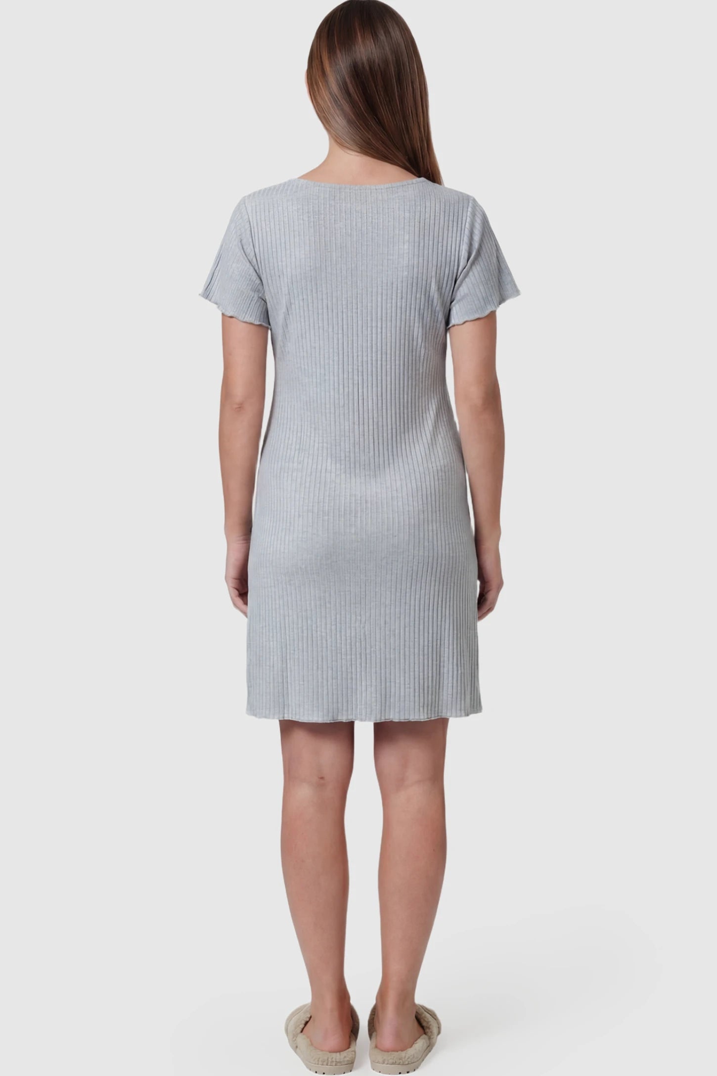 Wrap Style Ribbed Maternity & Nursing Sleepwear Wrap Style Ribbed Maternity & Nursing Midi Lounge Dress in Gray featuring ribbed texture on a pregnant model showing back.