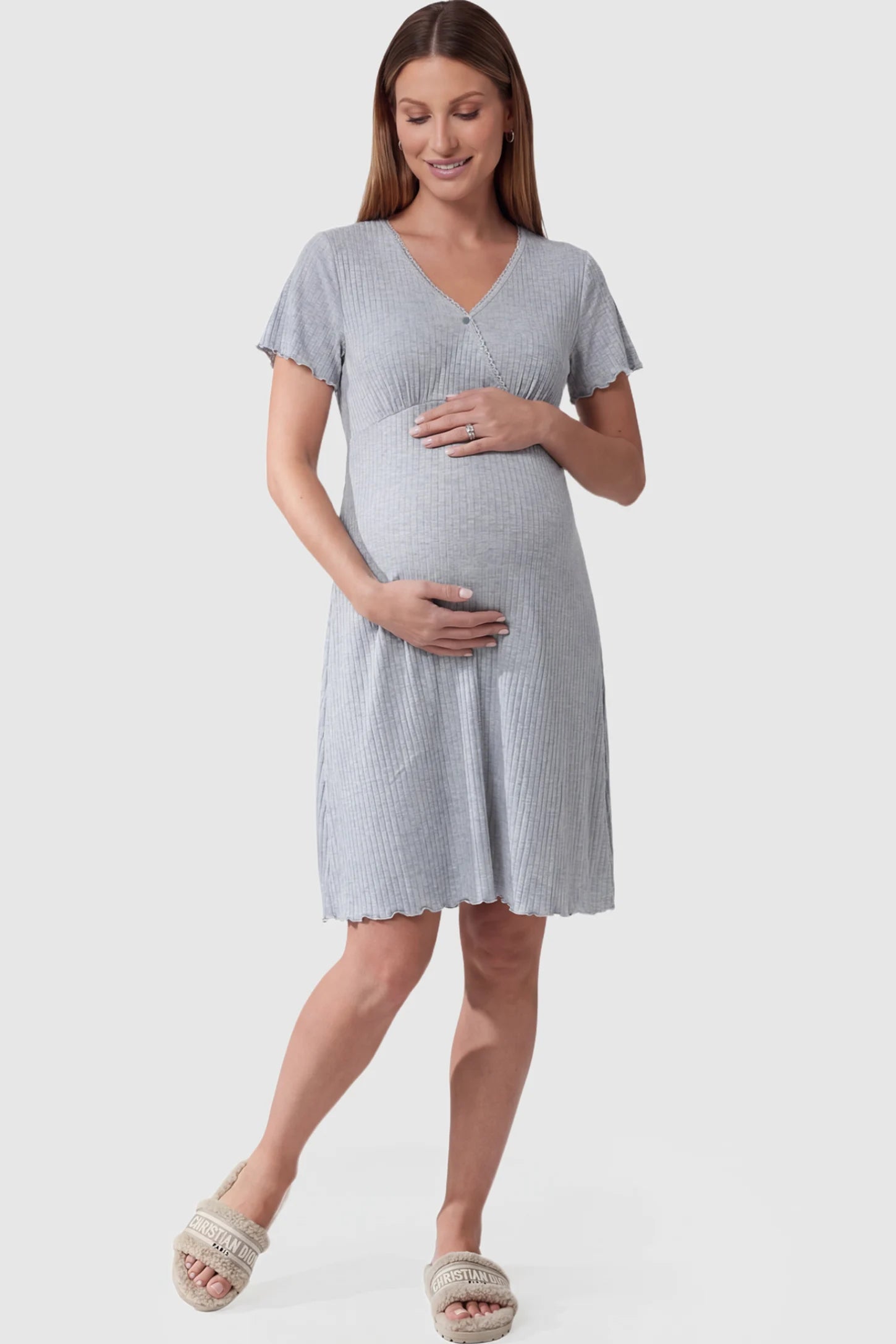 Wrap Style Ribbed Maternity & Nursing Sleepwear Wrap Style Ribbed Maternity & Nursing Midi Lounge Dress in Gray featuring wrap-style front for easy nursing access on pregnant model showing front.