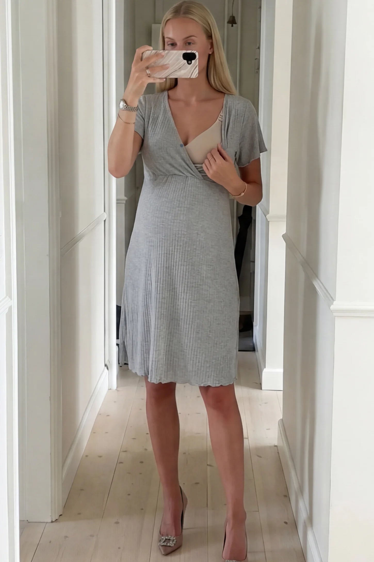 Wrap Style Ribbed Maternity & Nursing Sleepwear Wrap Style Ribbed Maternity & Nursing Midi Lounge Dress in Gray featuring wrap-style front for easy nursing access on pregnant model showing front.