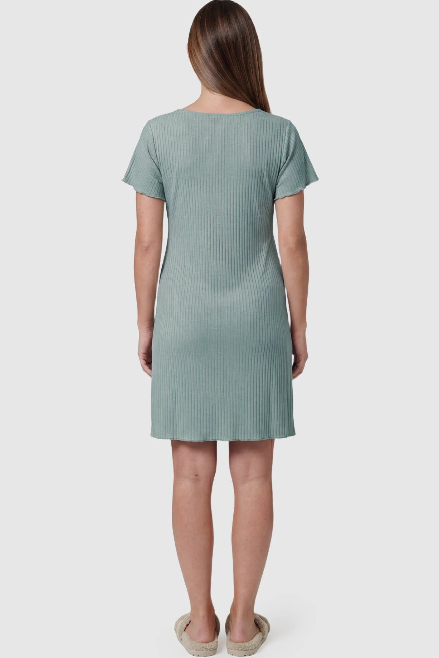 Wrap Style Ribbed Maternity & Nursing Sleepwear Wrap Style Ribbed Maternity & Nursing Midi Lounge Dress in Teal featuring ribbed texture on a pregnant model showing back.