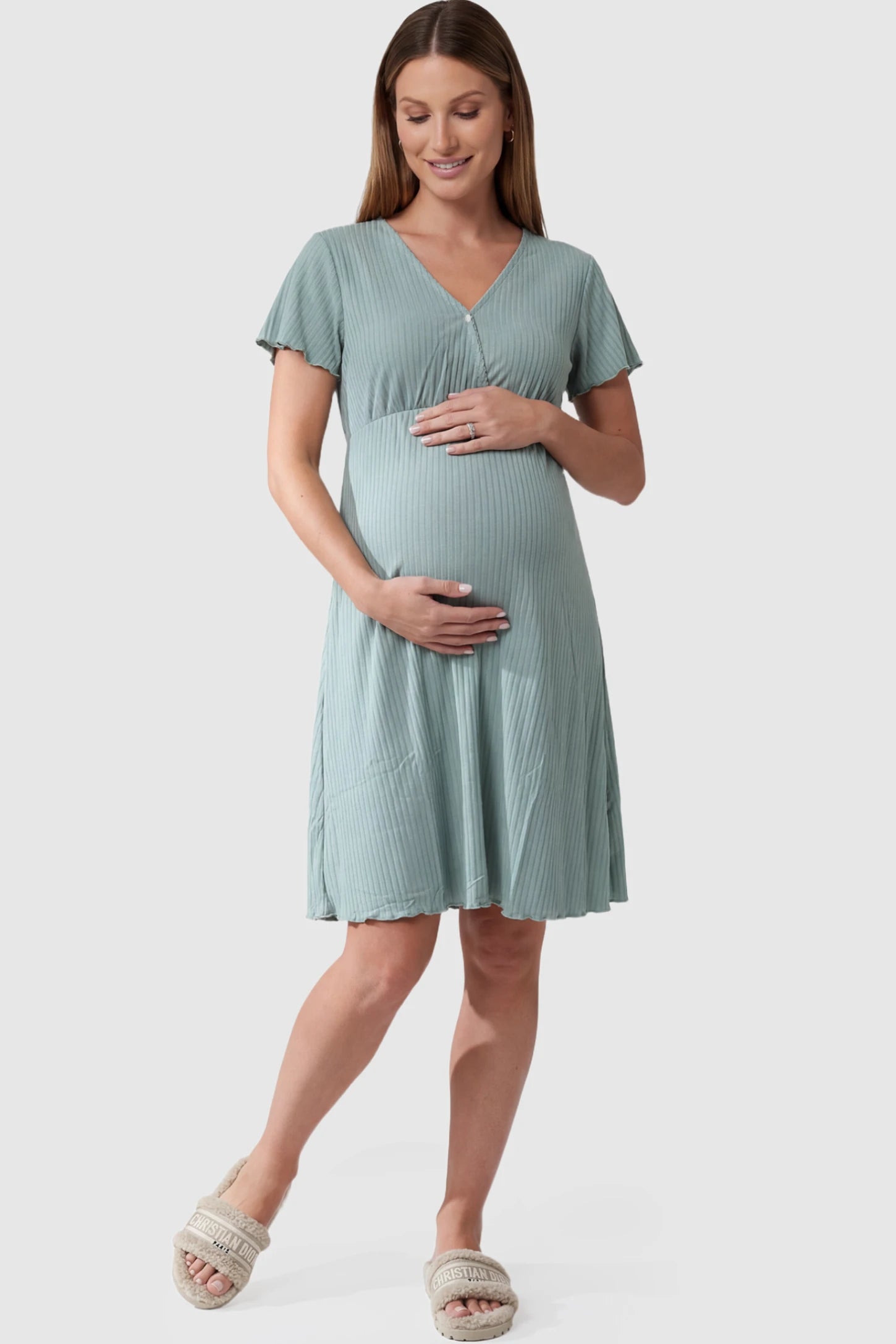 Wrap Style Ribbed Maternity & Nursing Sleepwear Wrap Style Ribbed Maternity & Nursing Midi Lounge Dress in teal featuring wrap-style front for easy nursing access on pregnant model showing front.