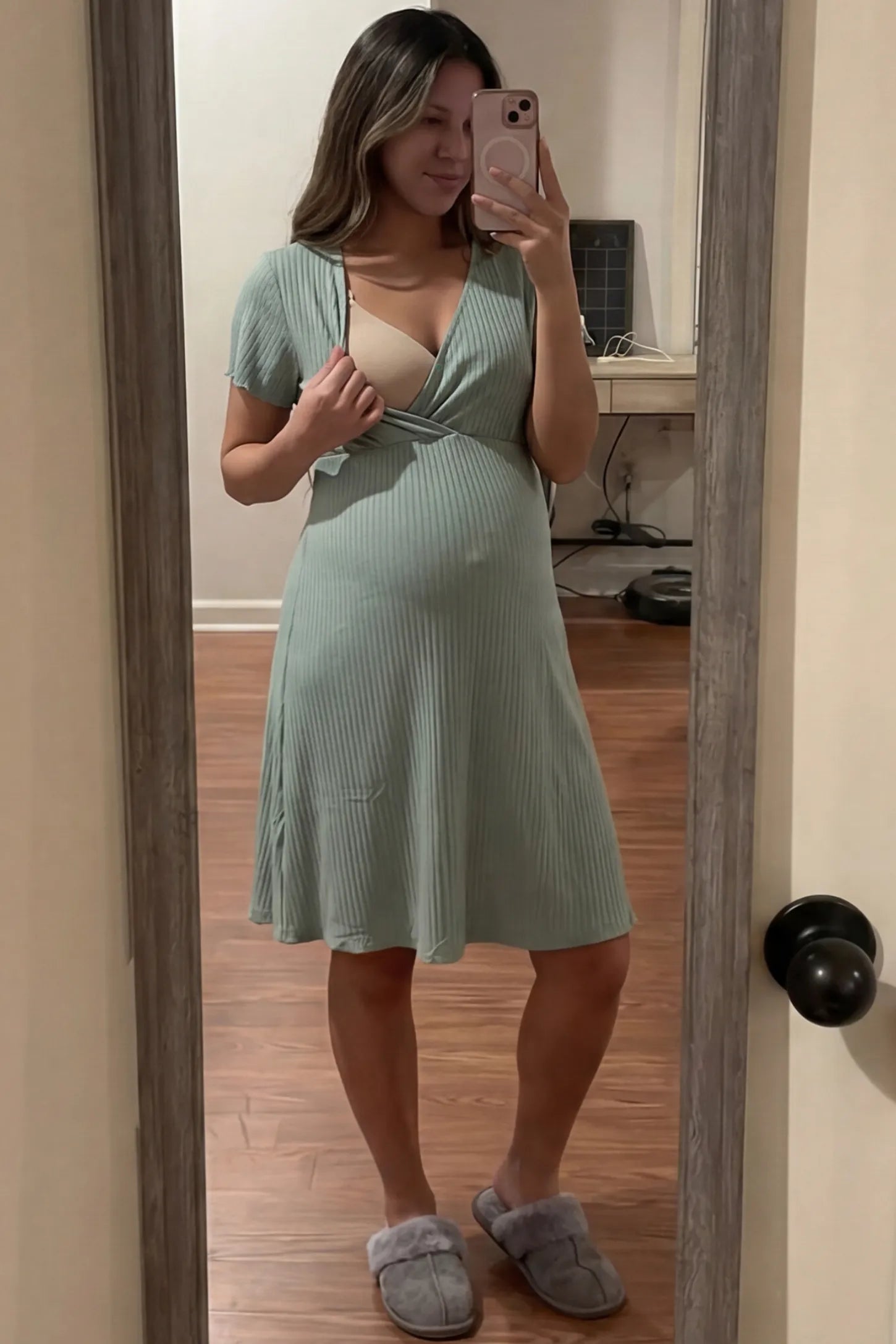Wrap Style Ribbed Maternity & Nursing Sleepwear Wrap Style Ribbed Maternity & Nursing Midi Lounge Dress in teal featuring wrap-style front for easy nursing access on pregnant model showing front.
