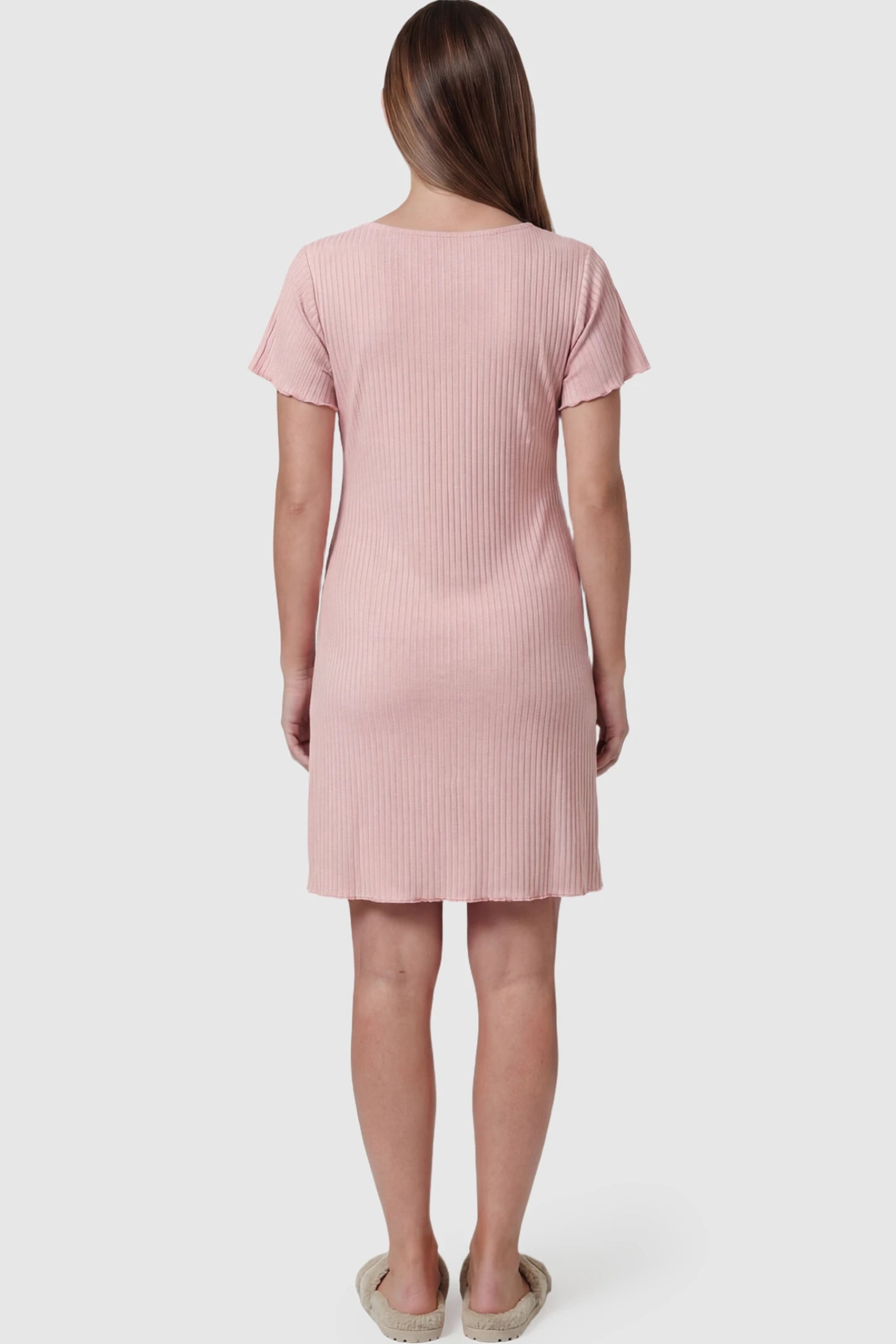 Wrap Style Ribbed Maternity & Nursing Sleepwear Wrap Style Ribbed Maternity & Nursing Midi Lounge Dress in Pink featuring ribbed texture on a pregnant model showing back.