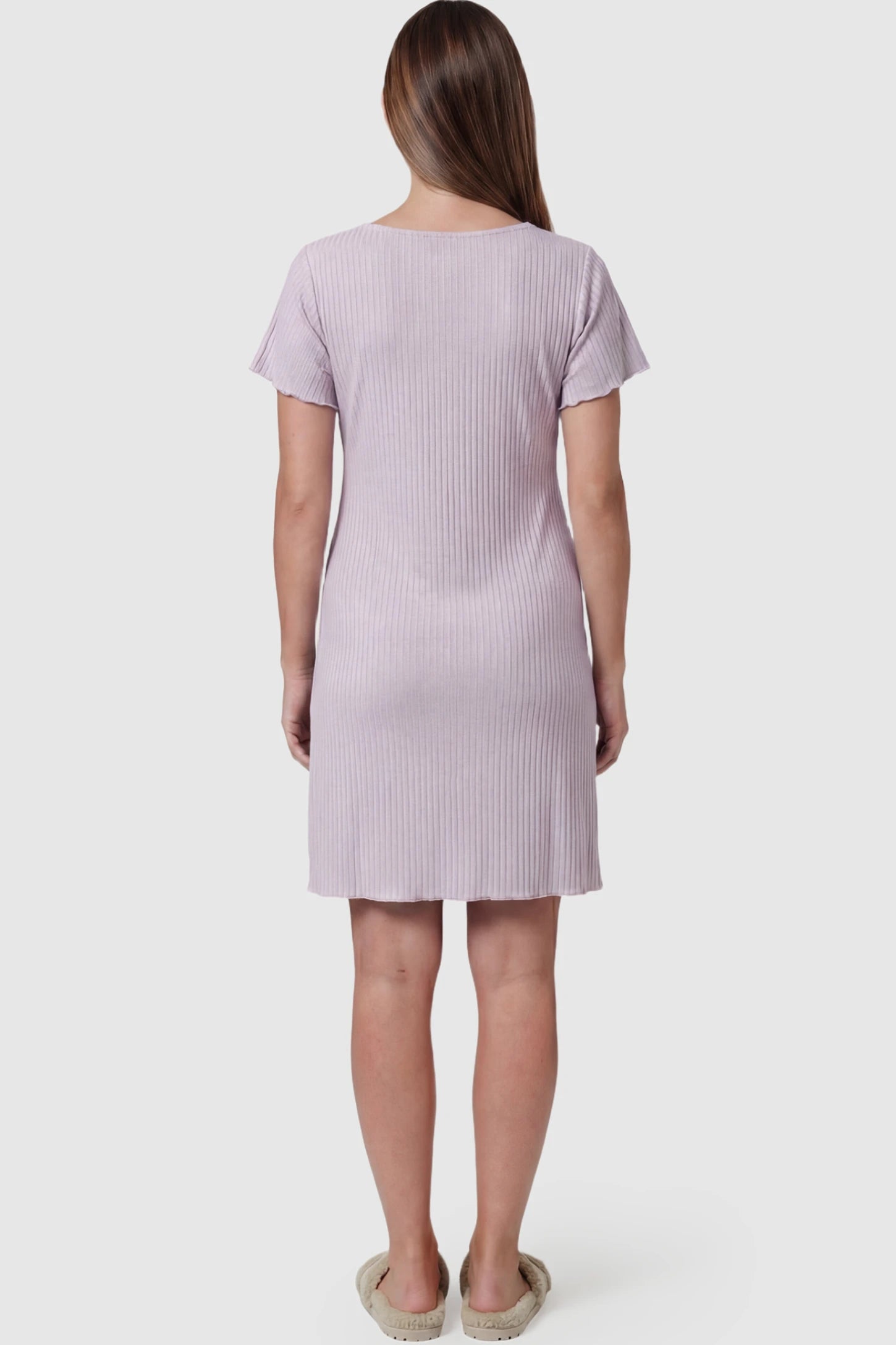 Wrap Style Ribbed Maternity & Nursing Sleepwear Wrap Style Ribbed Maternity & Nursing Midi Lounge Dress in Purple featuring ribbed texture on a pregnant model showing back.