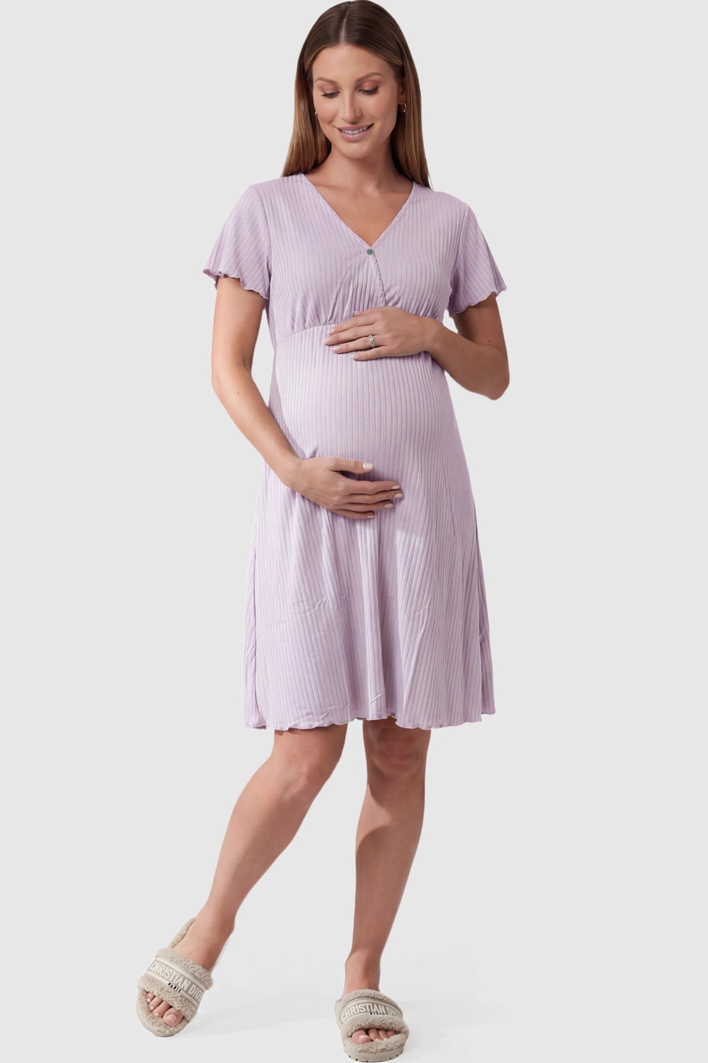 Wrap Style Ribbed Maternity & Nursing Sleepwear Wrap Style Ribbed Maternity & Nursing Midi Lounge Dress in purple featuring wrap-style front for easy nursing access on pregnant model showing front.