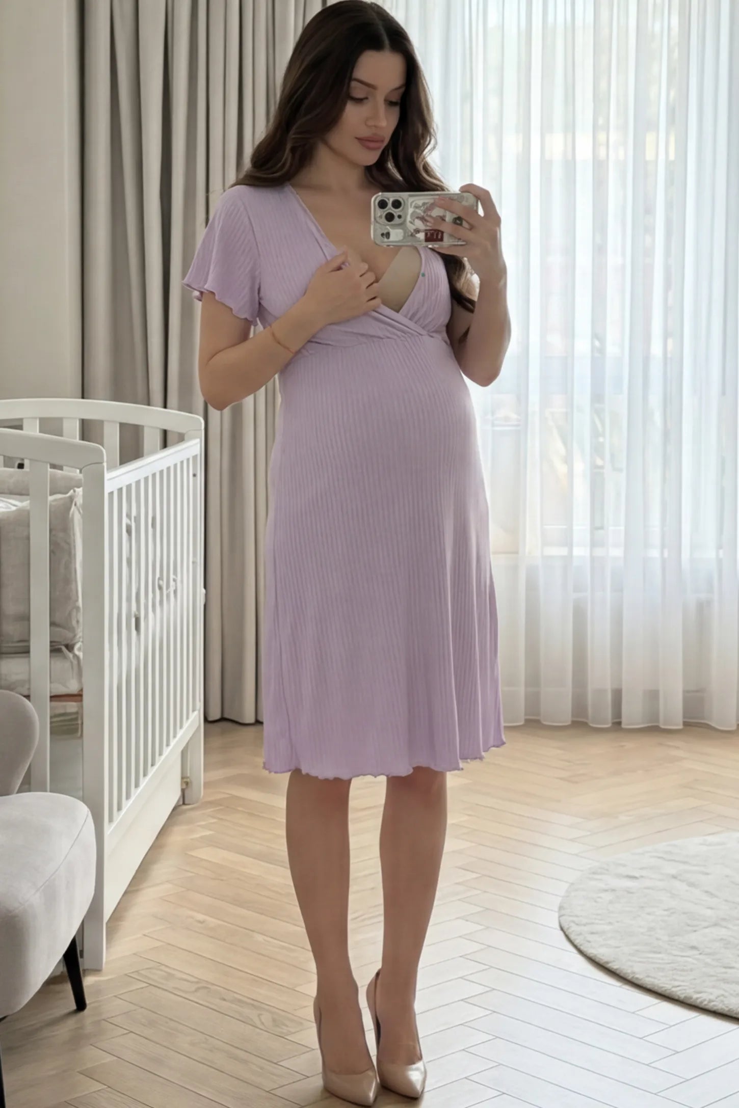 Wrap Style Ribbed Maternity & Nursing Sleepwear Wrap Style Ribbed Maternity & Nursing Midi Lounge Dress in purple featuring wrap-style front for easy nursing access on pregnant model showing front.