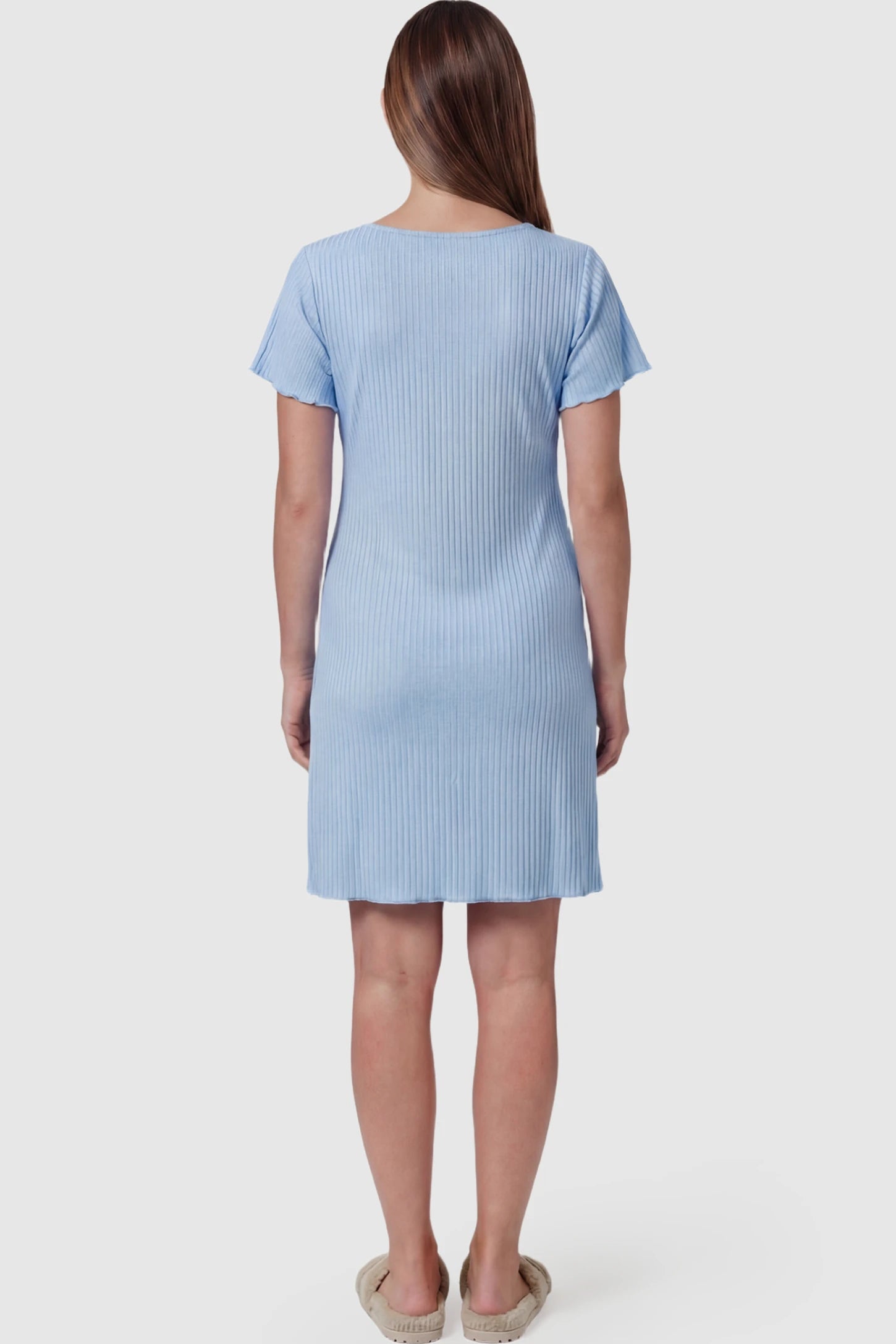 Wrap Style Ribbed Maternity & Nursing Sleepwear Wrap Style Ribbed Maternity & Nursing Midi Lounge Dress in Blue featuring ribbed texture on a pregnant model showing back.