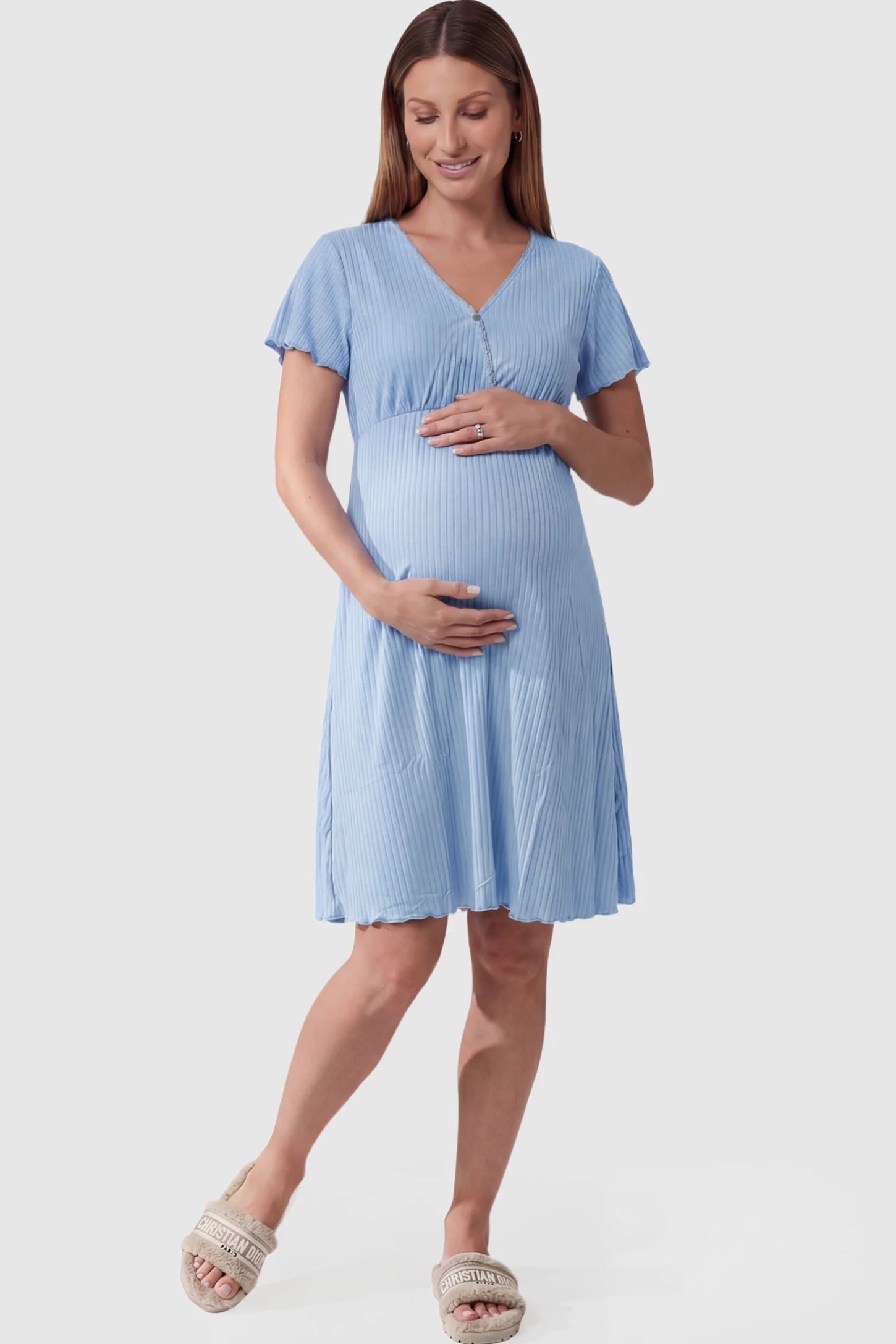 Wrap Style Ribbed Maternity & Nursing Sleepwear Wrap Style Ribbed Maternity & Nursing Midi Lounge Dress in blue featuring wrap-style front for easy nursing access on pregnant model showing front.