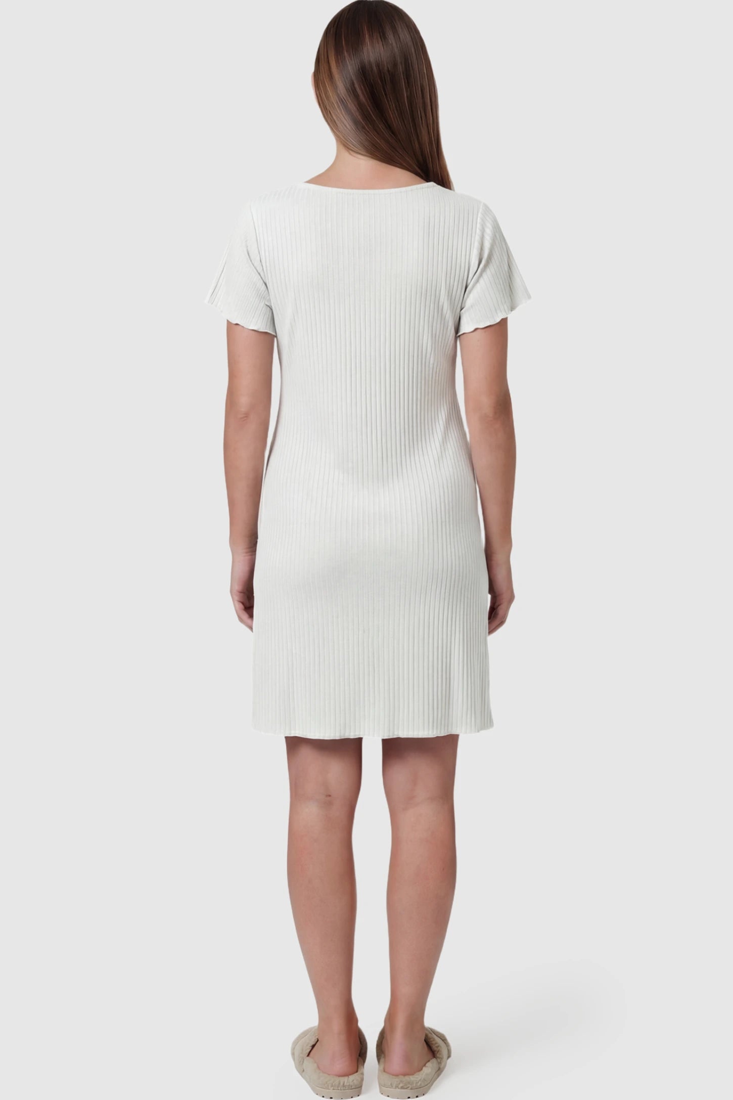 Wrap Style Ribbed Maternity & Nursing Sleepwear Wrap Style Ribbed Maternity & Nursing Midi Lounge Dress in White featuring ribbed texture on a pregnant model showing back.