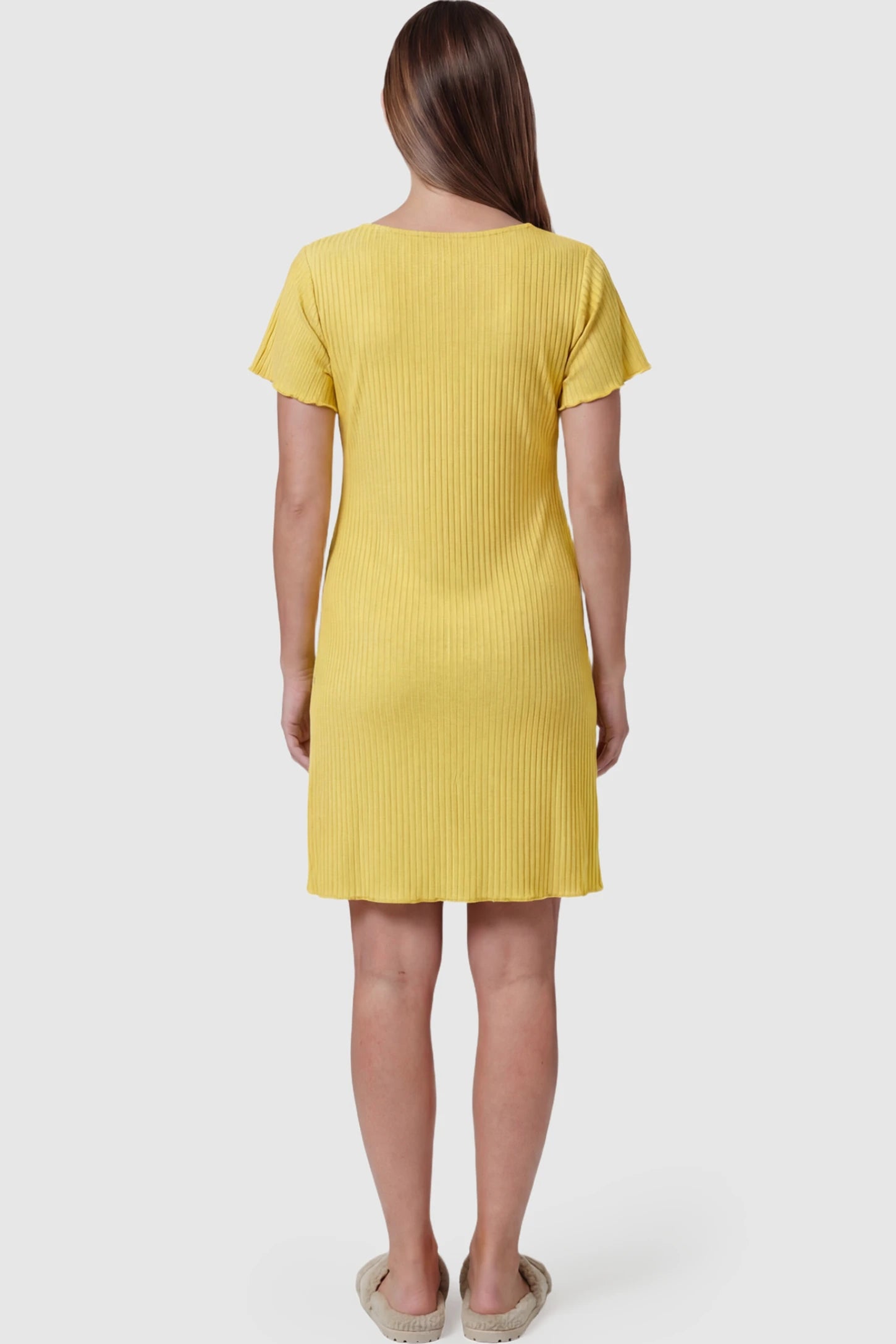 Wrap Style Ribbed Maternity & Nursing Sleepwear Wrap Style Ribbed Maternity & Nursing Midi Lounge Dress in Yellow featuring ribbed texture on a pregnant model showing back.