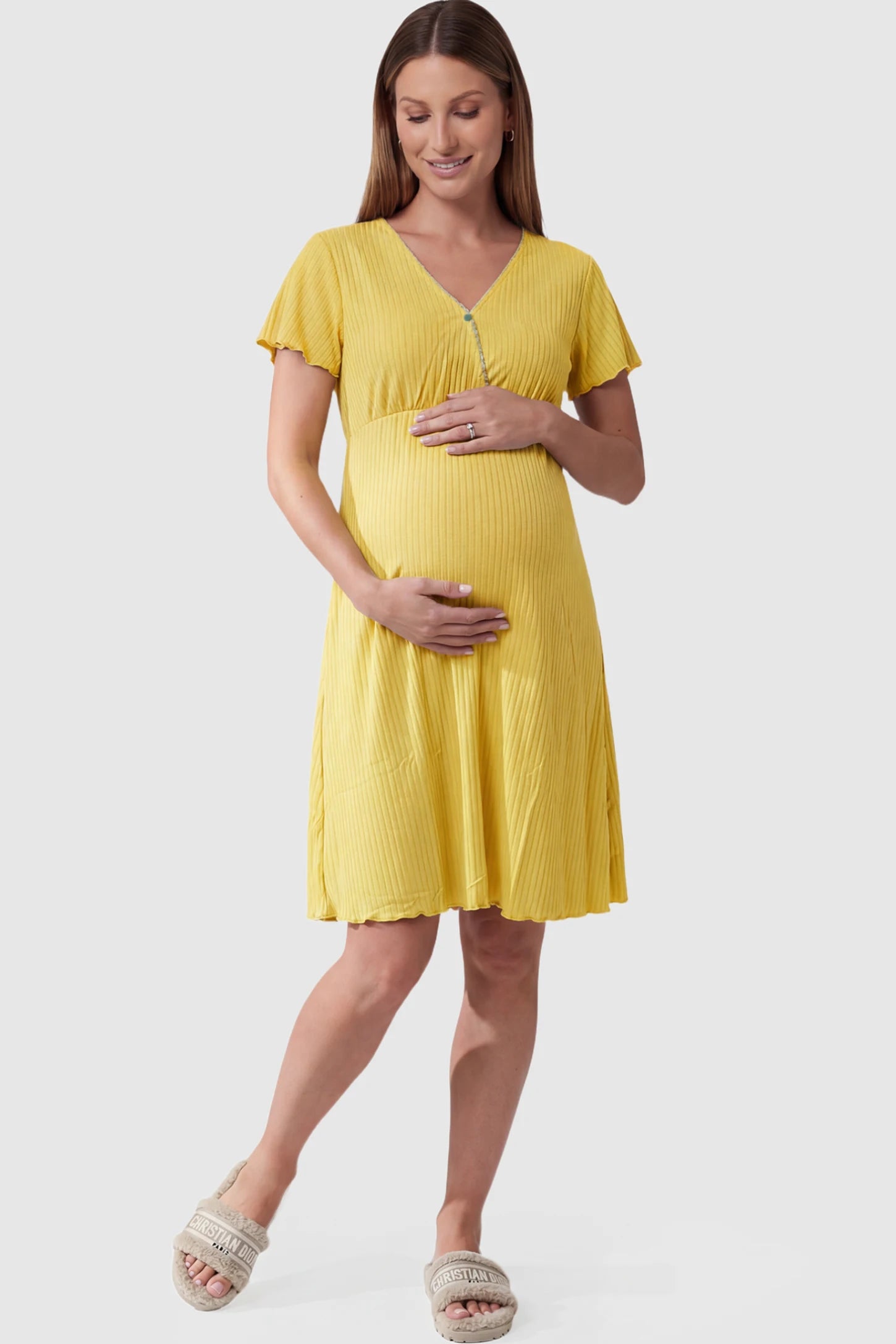 Wrap Style Ribbed Maternity & Nursing Sleepwear Wrap Style Ribbed Maternity & Nursing Midi Lounge Dress in yellow featuring wrap-style front for easy nursing access on pregnant model showing front.