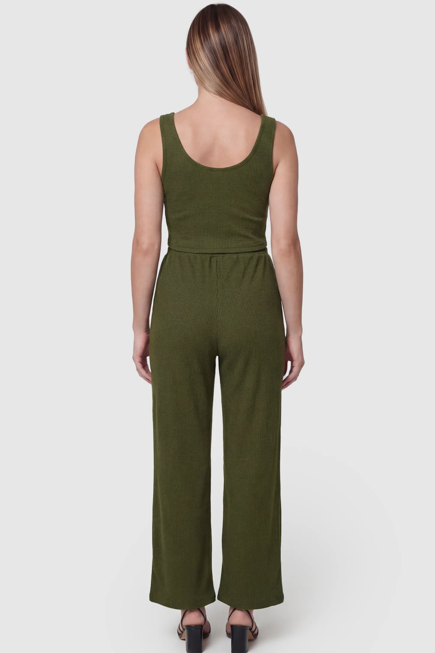 Ribbed Sleeveless Wide-Leg Maternity Lounge Set Ribbed Sleeveless Wide-Leg Maternity Lounge Set in army green featuring scoop neckline, cropped top, and high-rise wide-leg pants on pregnant model.