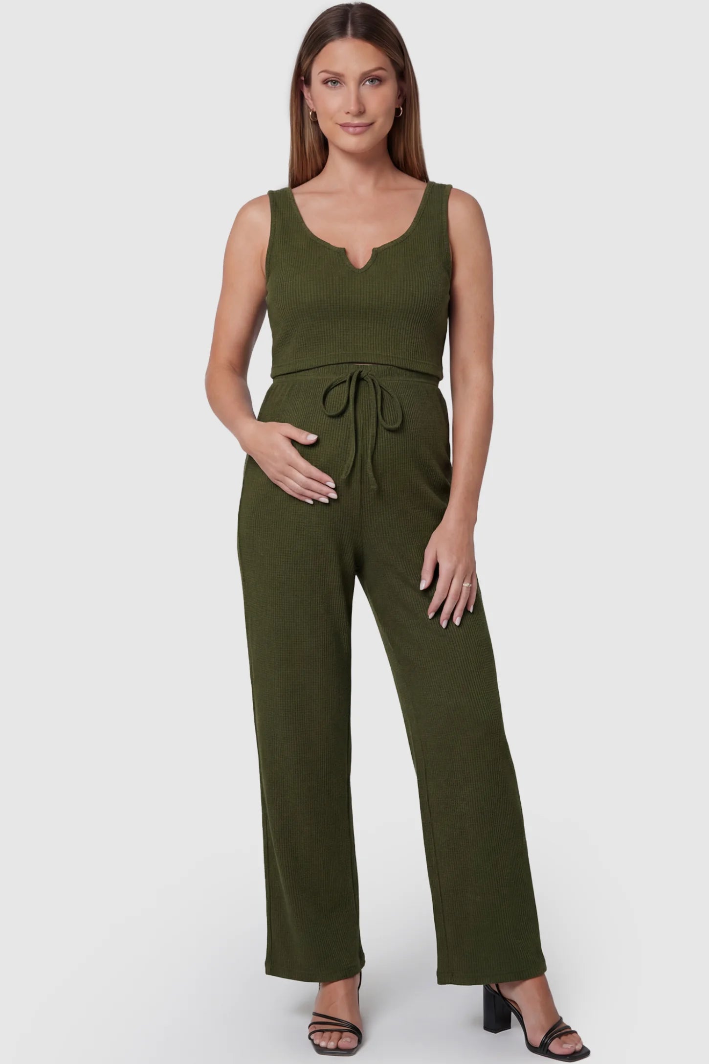 Ribbed Sleeveless Wide-Leg Maternity Lounge Set in army green featuring scoop neckline, and high-rise wide-leg pants on pregnant model.