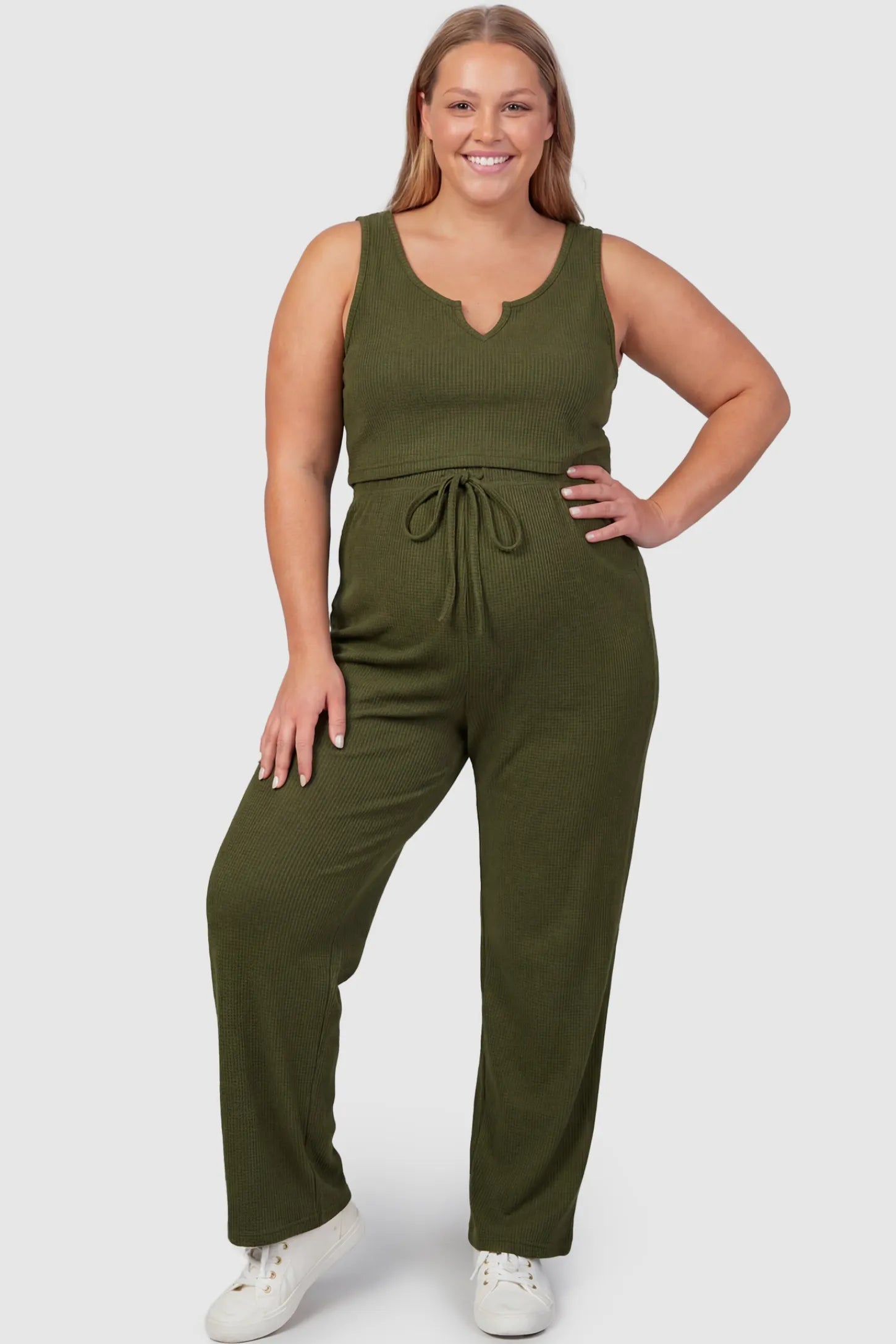 Ribbed Sleeveless Wide-Leg Maternity Lounge Set Ribbed Sleeveless Wide-Leg Maternity Lounge Set in army green featuring scoop neckline, cropped top, and high-rise wide-leg pants on plus size pregnant model.