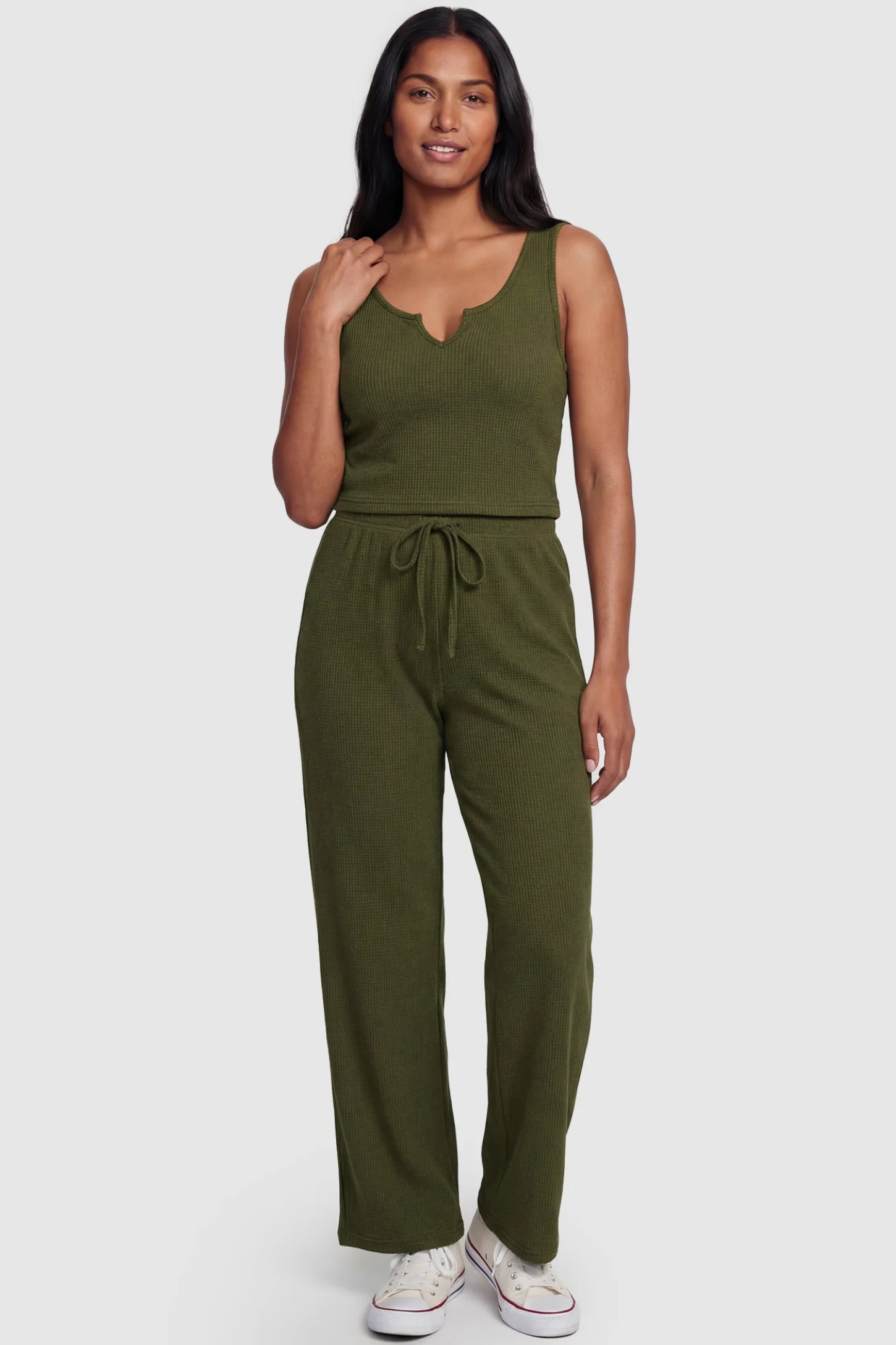 Ribbed Sleeveless Wide-Leg Maternity Lounge Set Ribbed Sleeveless Wide-Leg Maternity Lounge Set in army green featuring scoop neckline, cropped top, and high-rise wide-leg pants on non pregnant model.