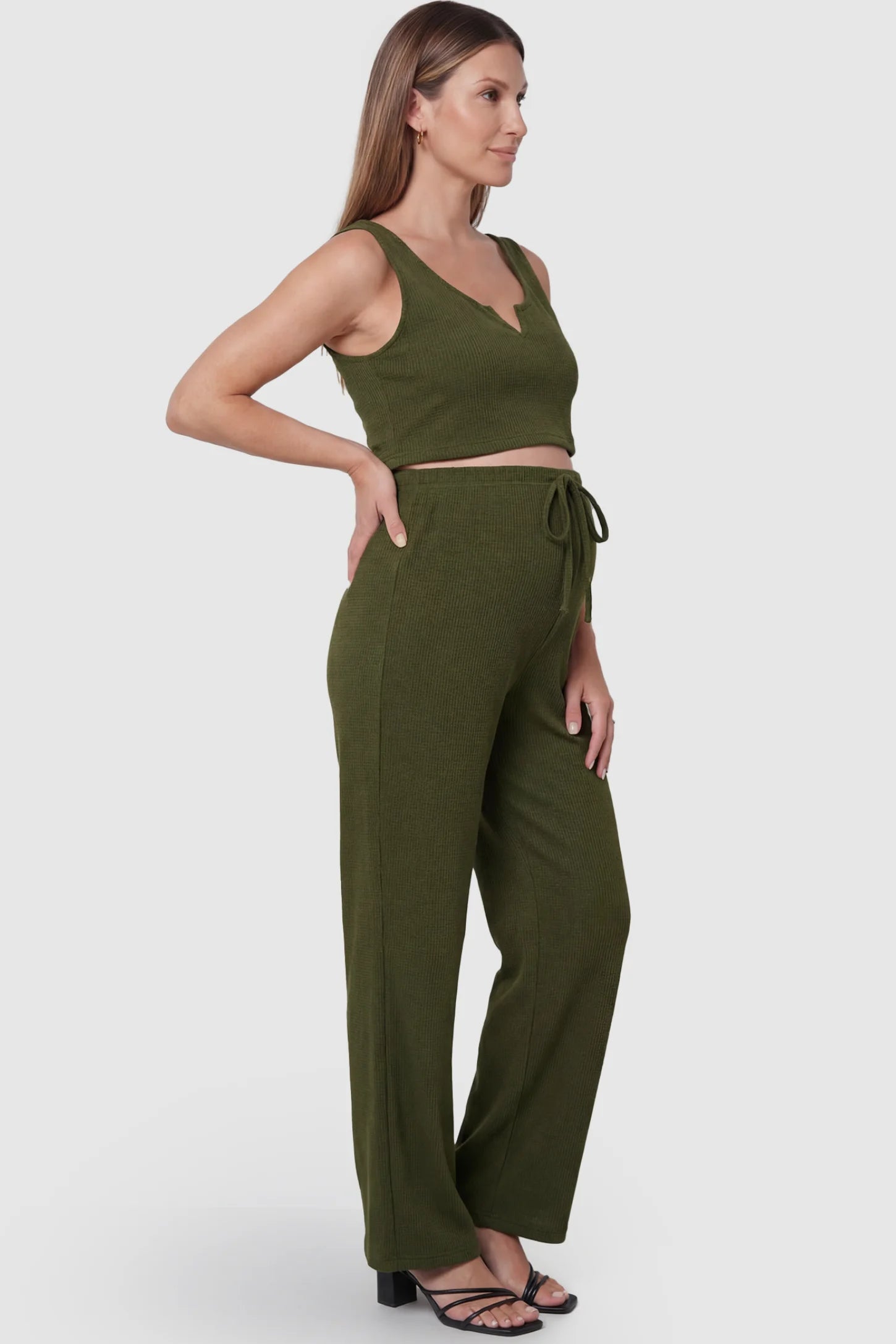 Ribbed Sleeveless Wide-Leg Maternity Lounge Set in army green featuring scoop neckline, cropped top, and high-rise wide-leg pants on pregnant model.