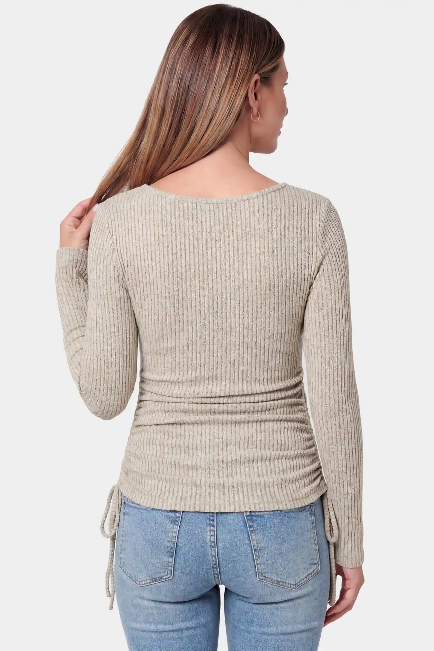 Ribbed Scoop Neck Long Sleeve Maternity Top Ribbed Scoop Neck Long Sleeve Maternity Top in khaki featuring a scoop neck and side drawstrings on a pregnant model.