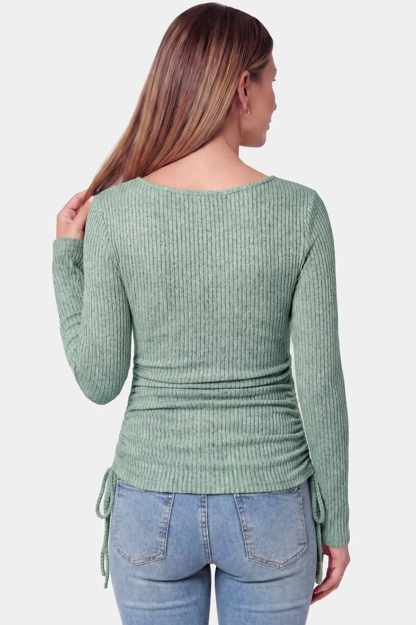 Ribbed Scoop Neck Long Sleeve Maternity Top Ribbed Scoop Neck Long Sleeve Maternity Top in light green featuring a scoop neck and side drawstrings on a pregnant model.