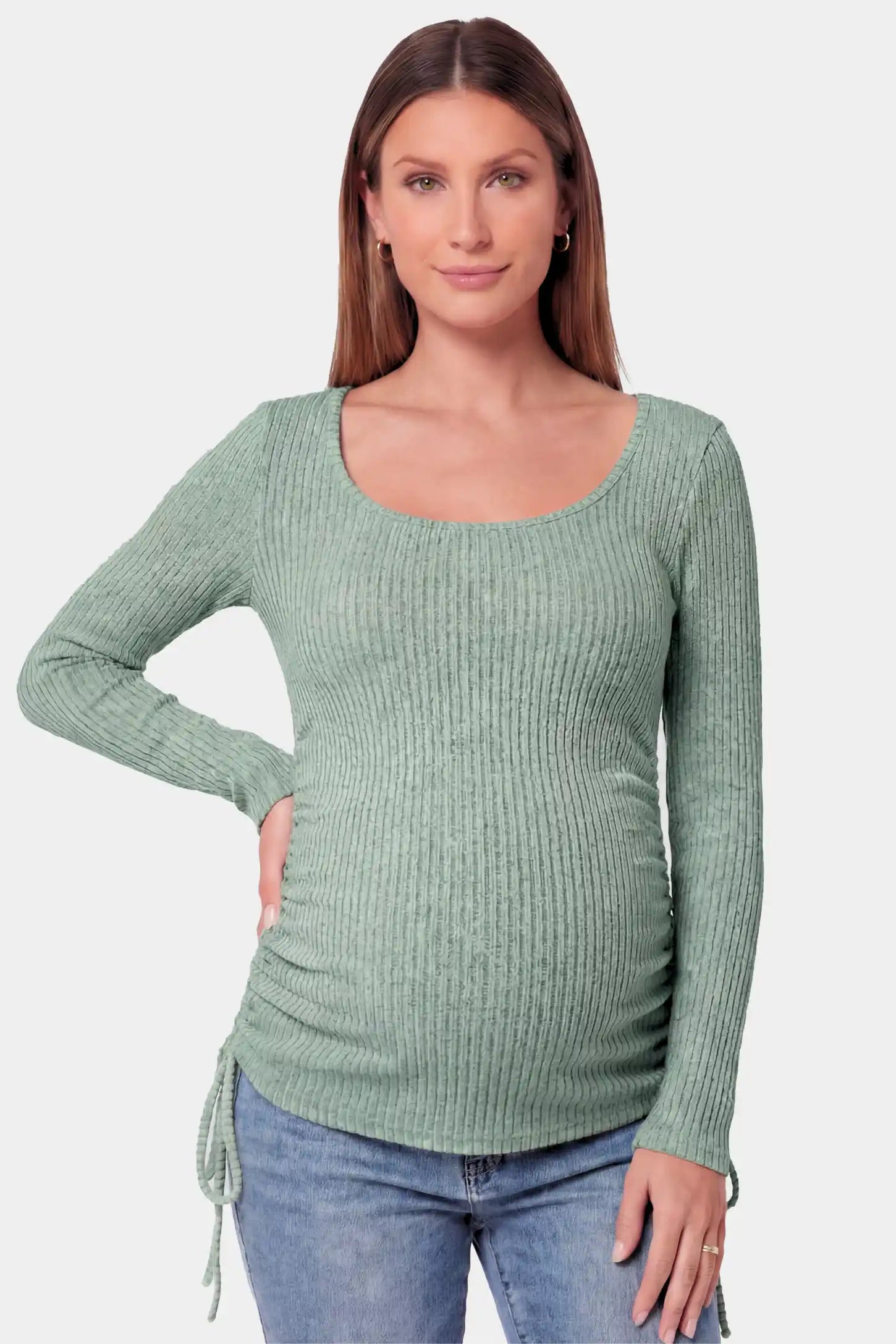 Ribbed Scoop Neck Long Sleeve Maternity Top Ribbed Scoop Neck Long Sleeve Maternity Top in light green featuring a scoop neck and side drawstrings on a pregnant model.