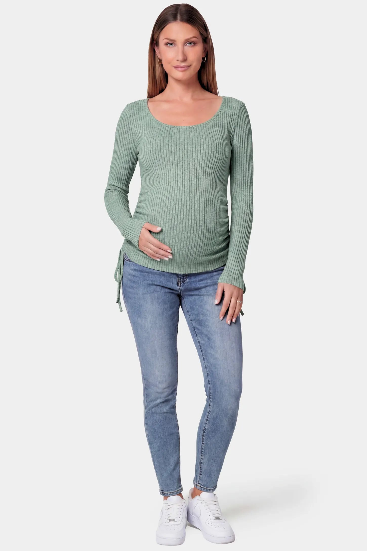 Ribbed Scoop Neck Long Sleeve Maternity Top Ribbed Scoop Neck Long Sleeve Maternity Top in light green featuring a scoop neck and side drawstrings on a pregnant model.