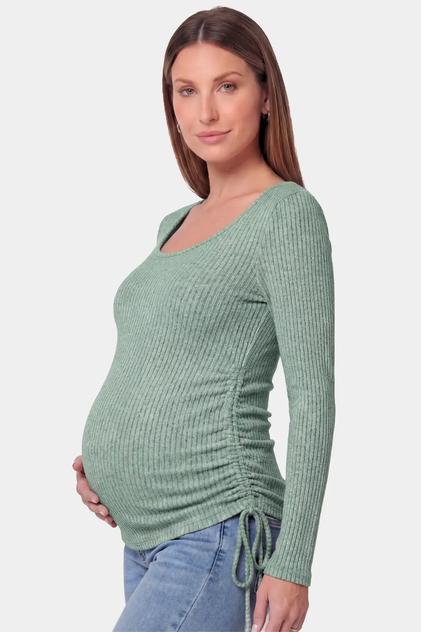 Ribbed Scoop Neck Long Sleeve Maternity Top Ribbed Scoop Neck Long Sleeve Maternity Top in light green featuring a scoop neck and side drawstrings on a pregnant model.